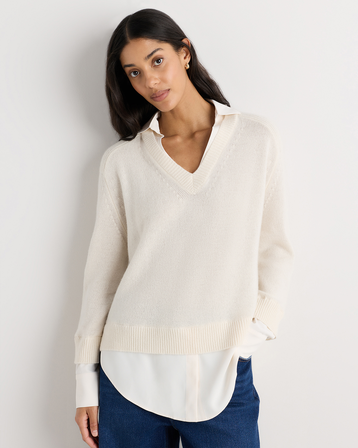 Ivory 100% Mongolian Cashmere Layered V-Neck Sweater
