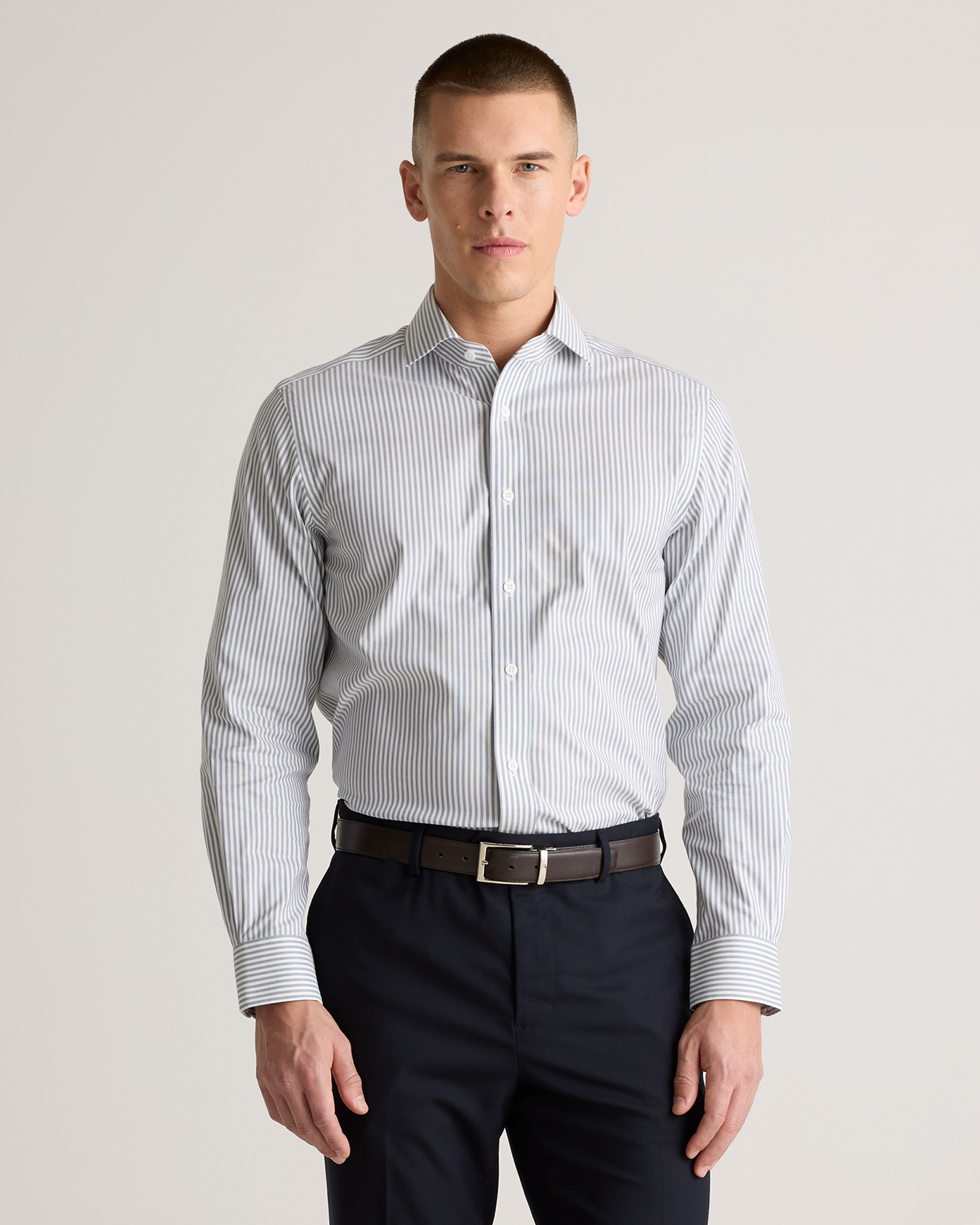 Quince Men's Non-iron Dress Shirt In Light Grey/white Stripe