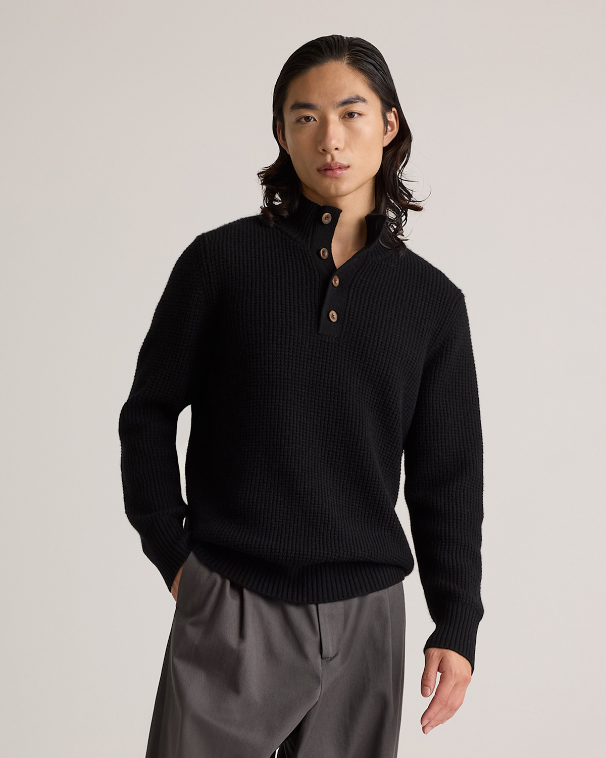 QUINCE Mongolian Cashmere Waffle Quarter Button Sweater