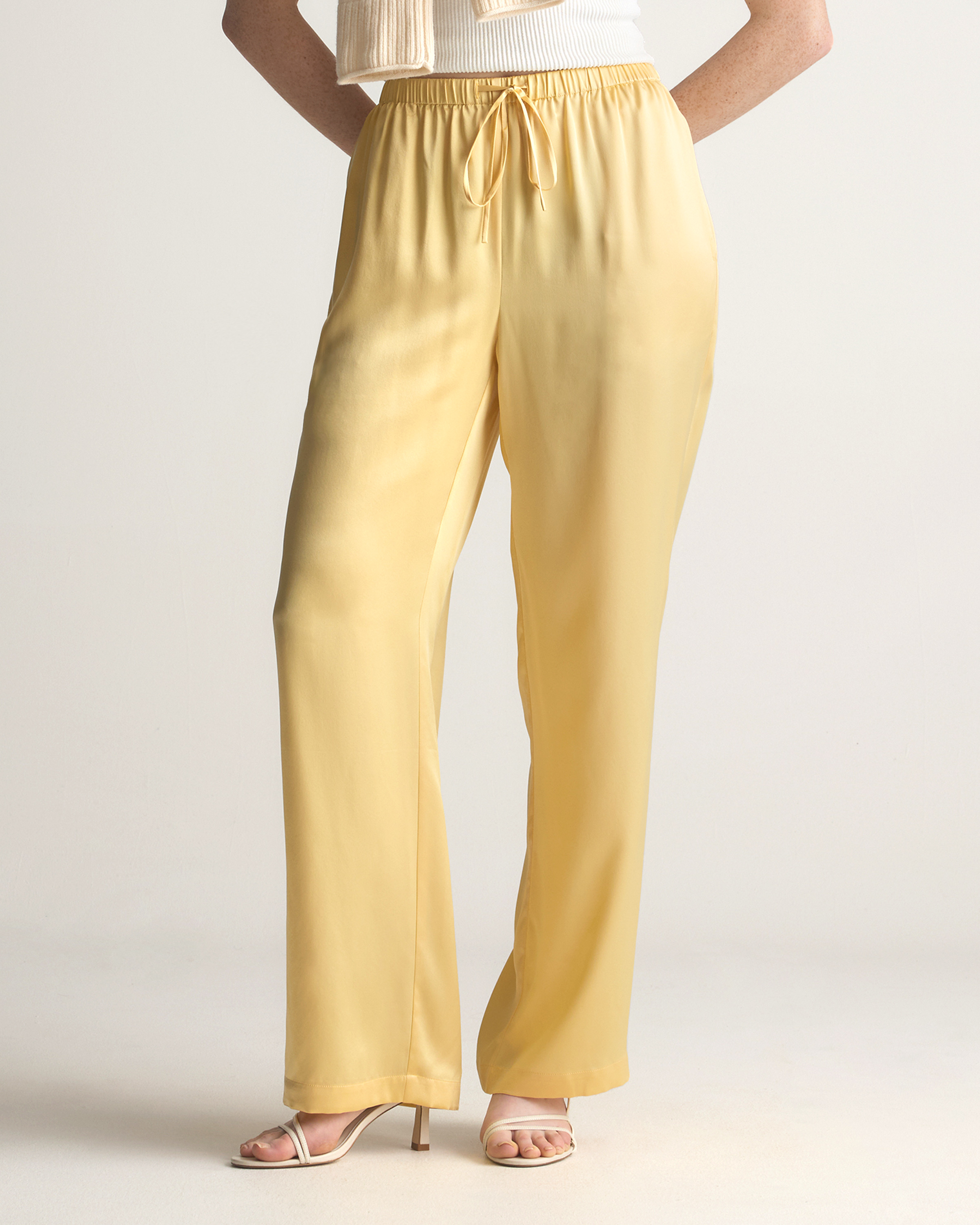 100% Washable Silk Drawstring Wide Leg Pants in Butter Yellow