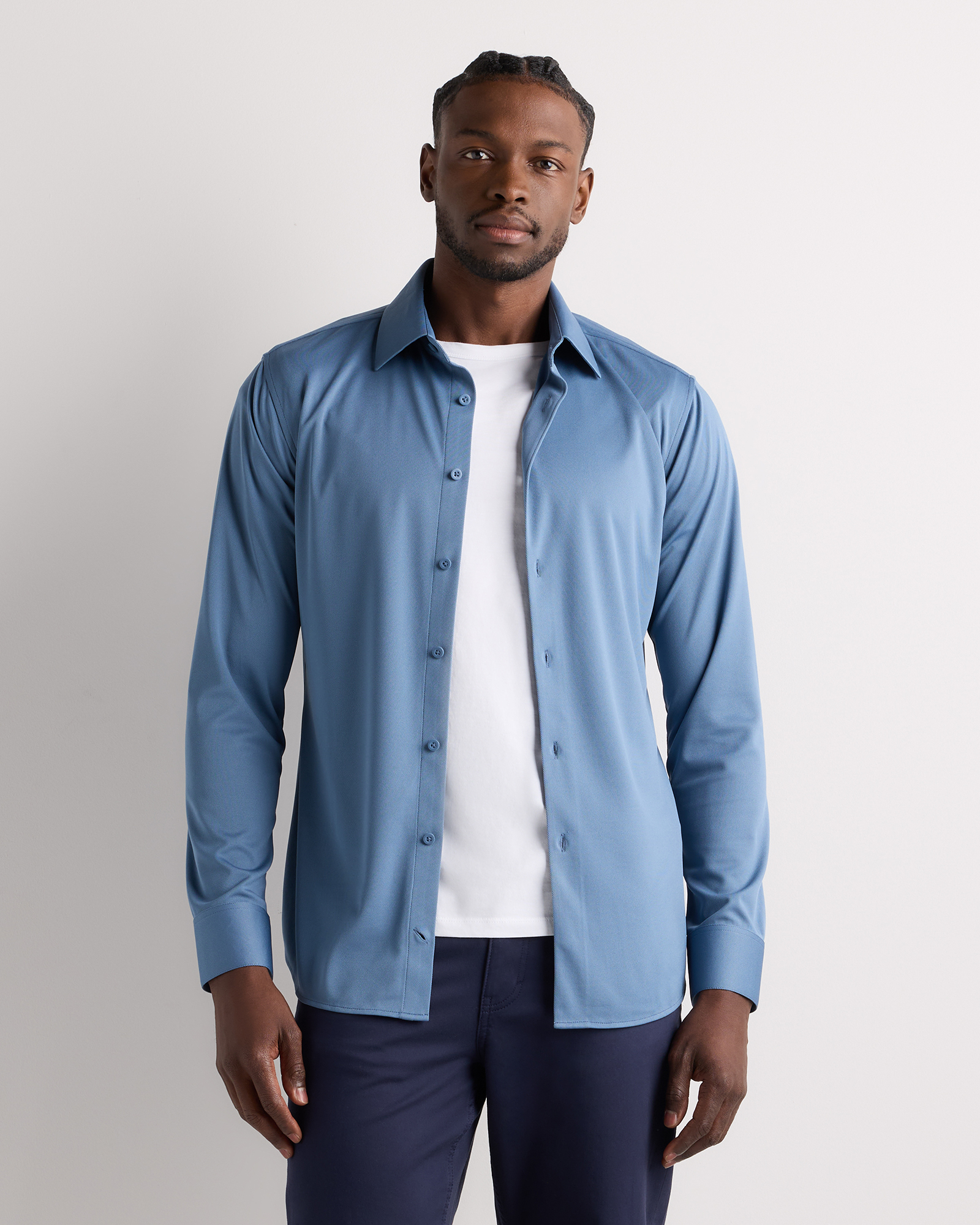 Aegean Blue Commuter Stretch Pique Long Sleeve Button Down