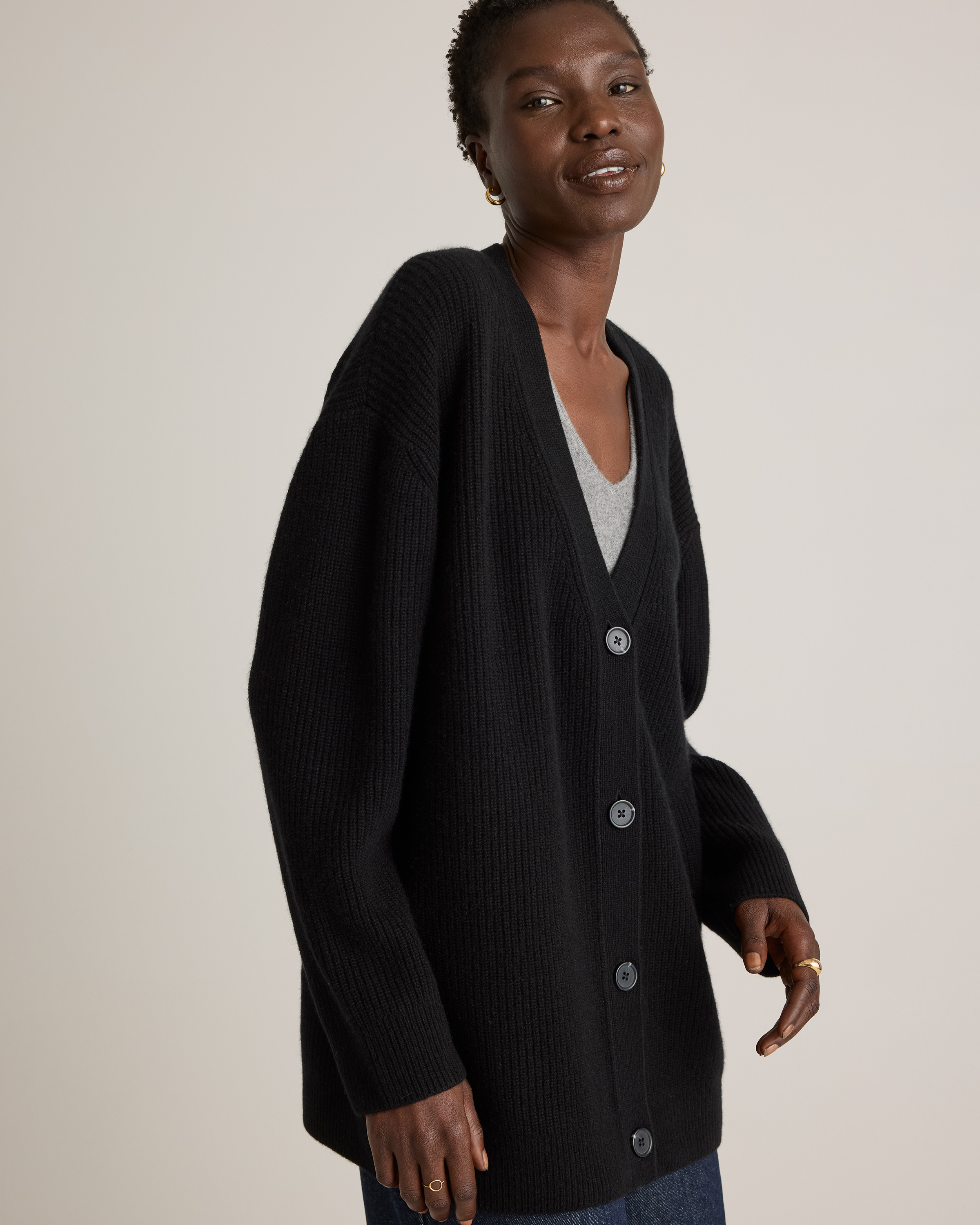 Mongolian Cashmere Oversized Boyfriend Cardigan Sweater in Black