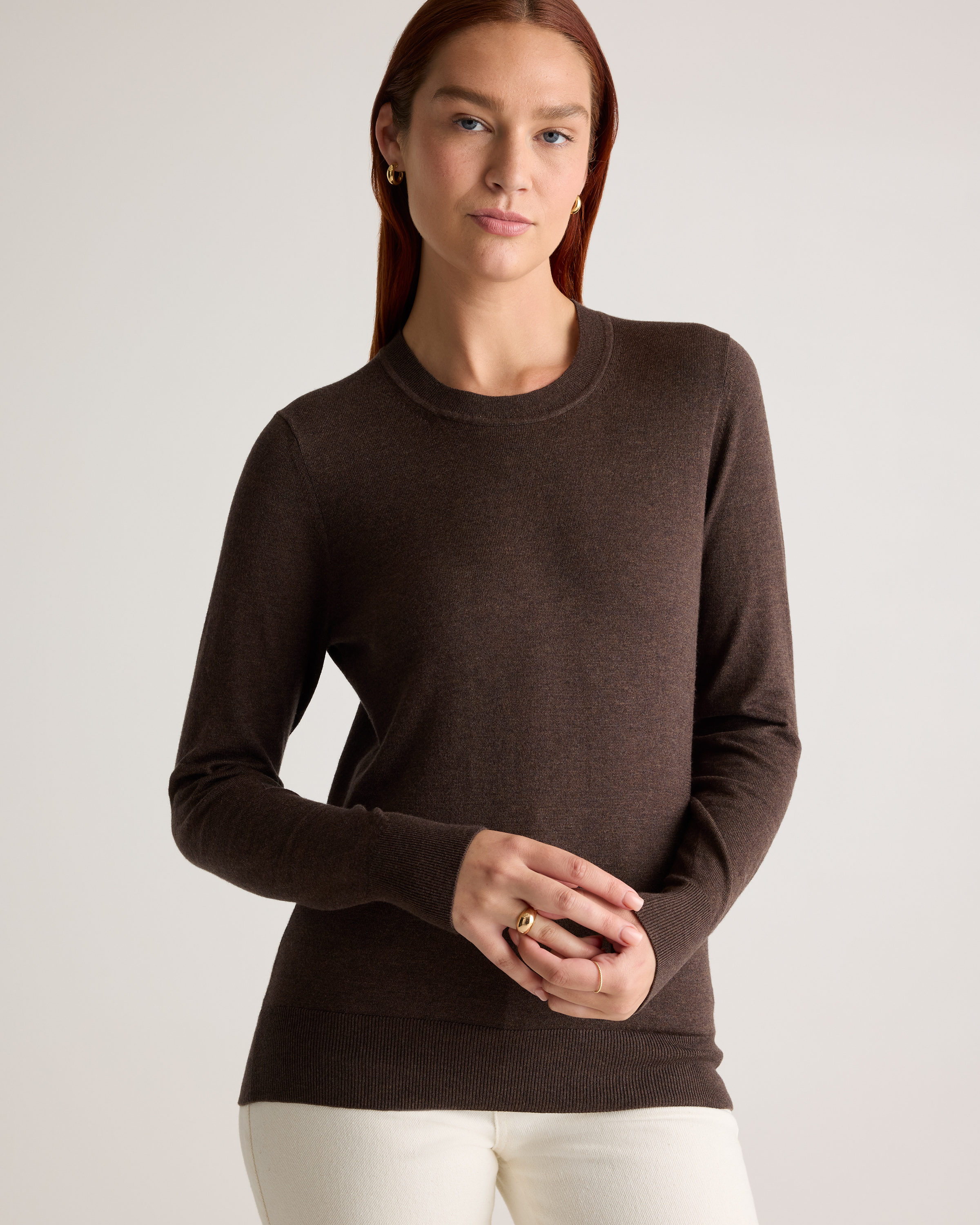 Lightweight Cotton Cashmere Crew Sweater in Mocha Heather