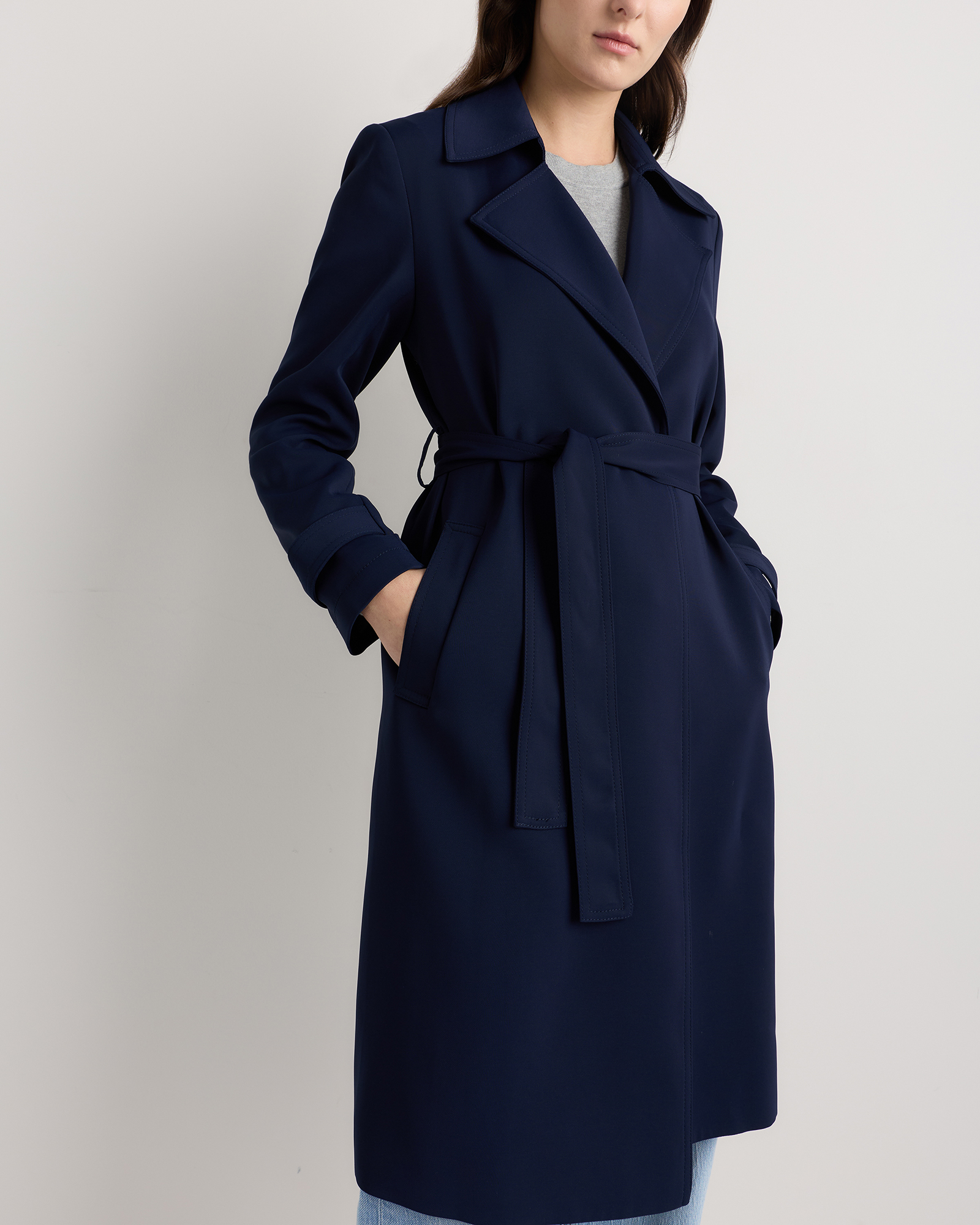 Stretch Crepe Trench Coat in Navy
