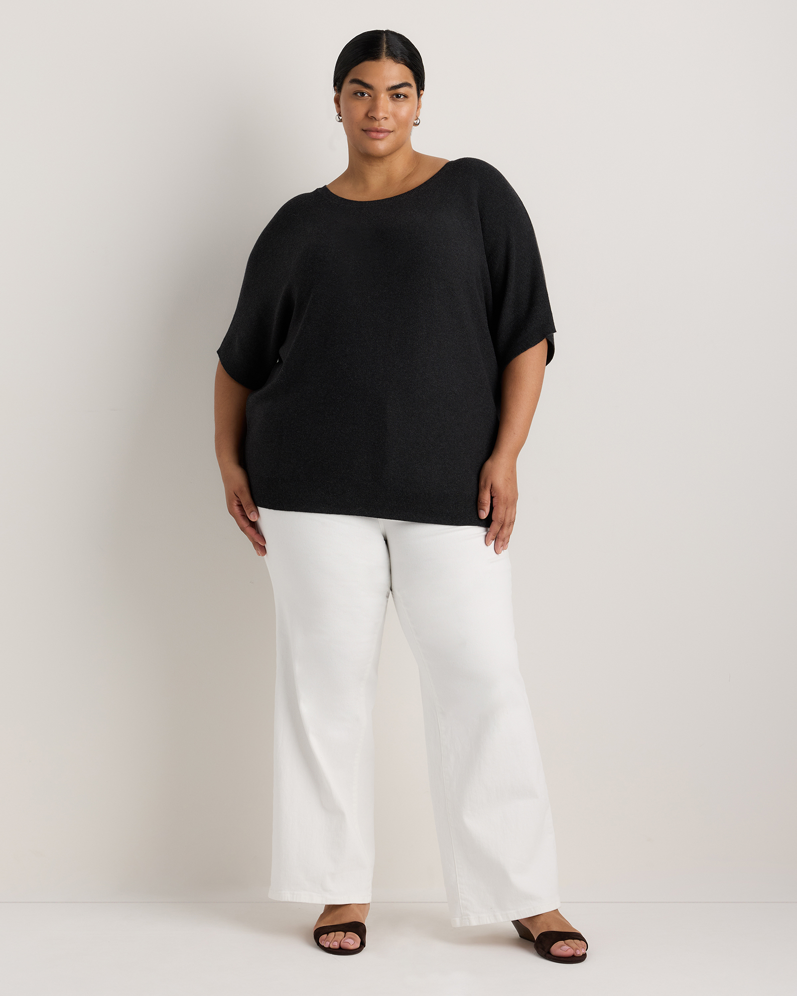 S layered dolman knit bk×wh White BEACH Hollow Out Knitted Lightweight Dolman Sweater