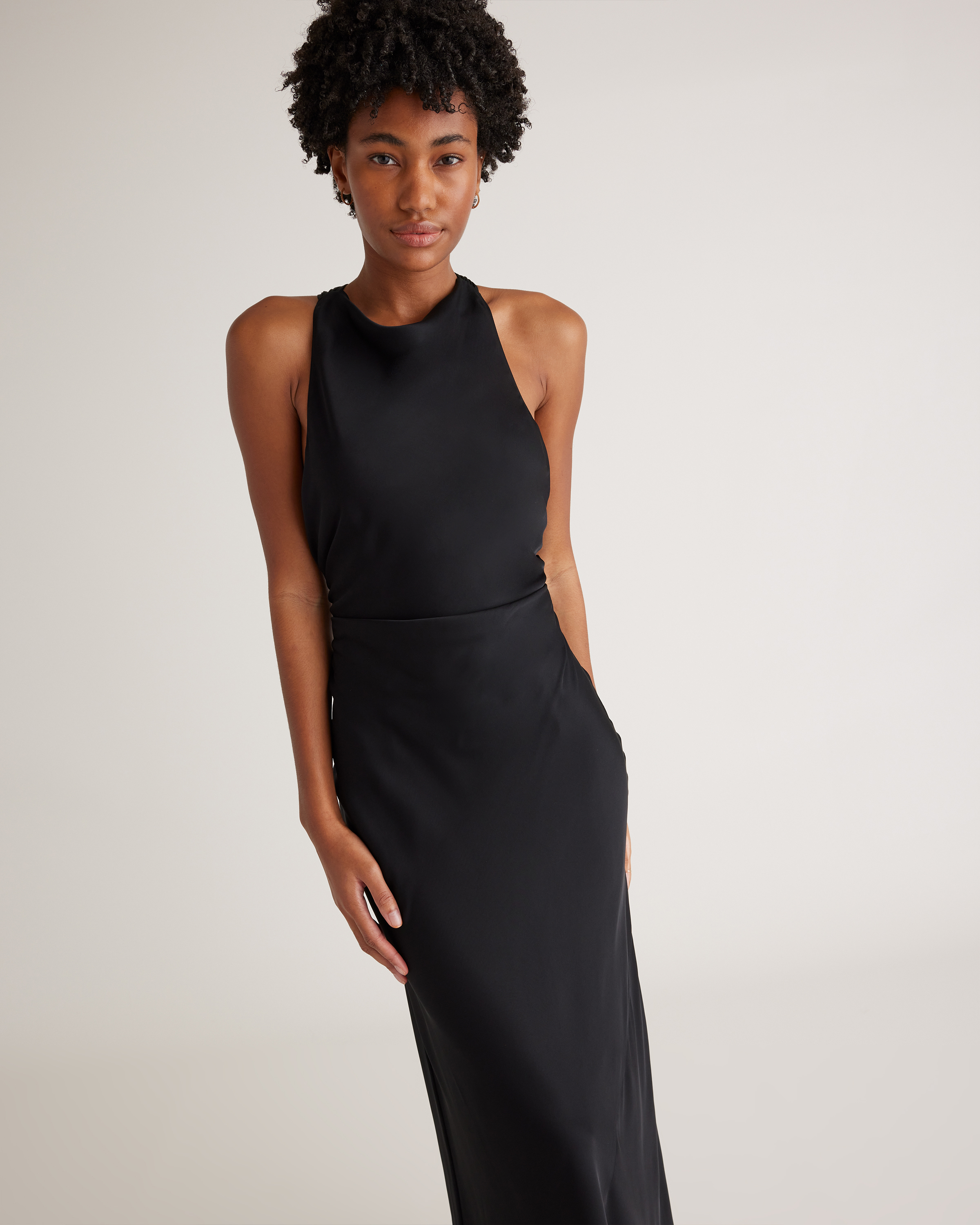 knee length dresses for ladies Cielo Mock Neck Long Sleeve Ribbed Mid Dress Black