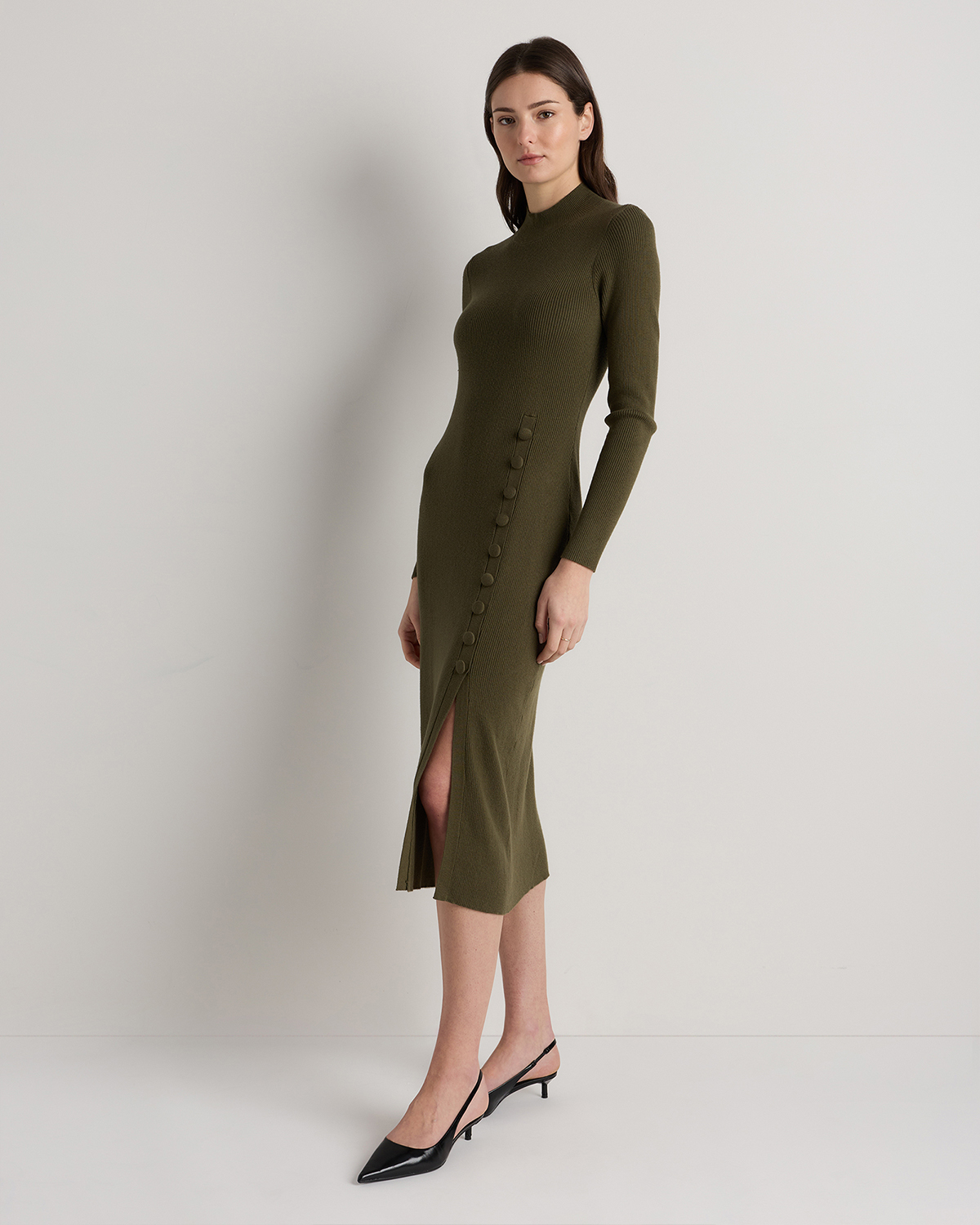 Women's Cotton Cashmere Side Slit Midi Dress in Olive, Size XL by Quince
