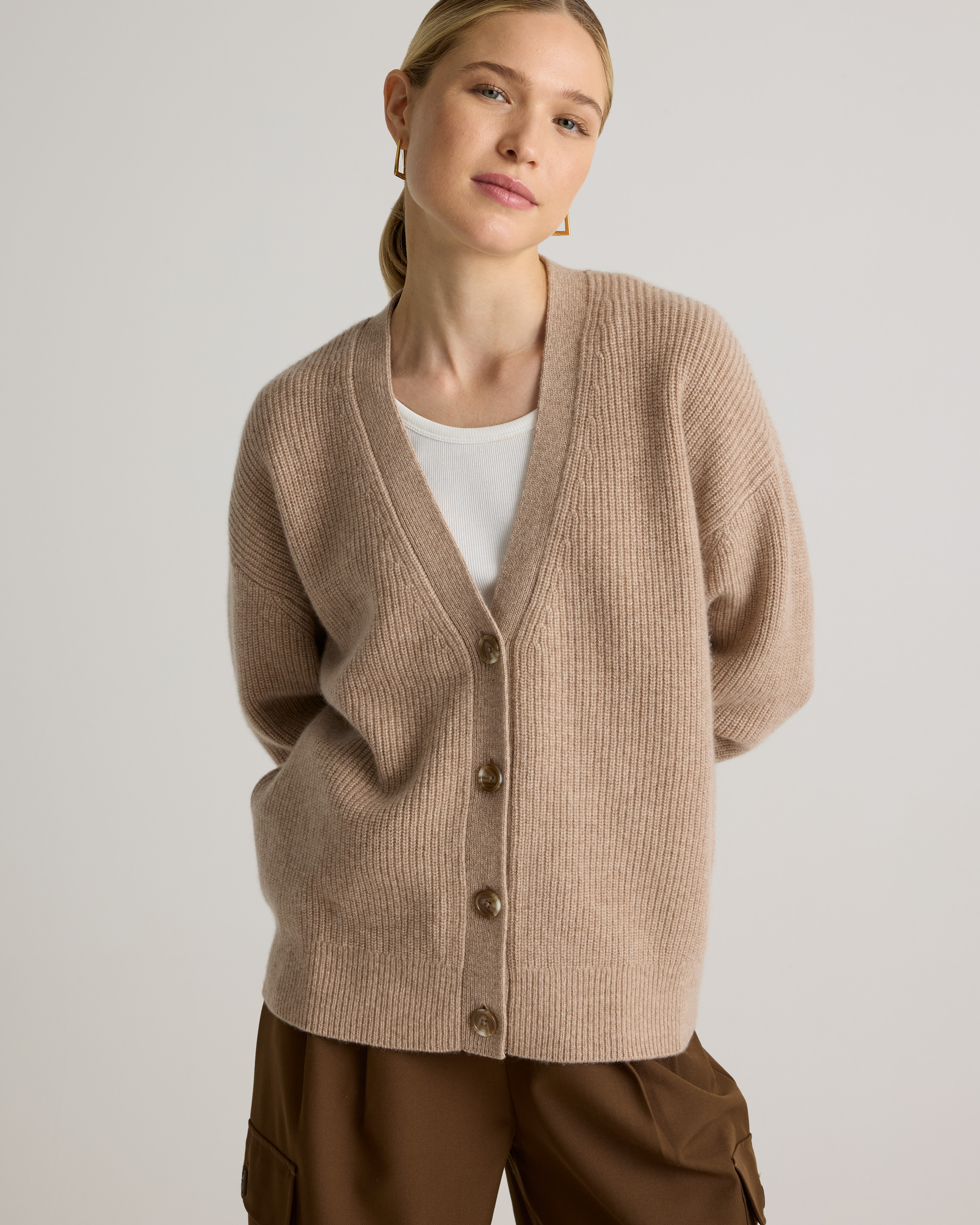 Mongolian Cashmere Fisherman Cropped Boxy Cardigan Sweater