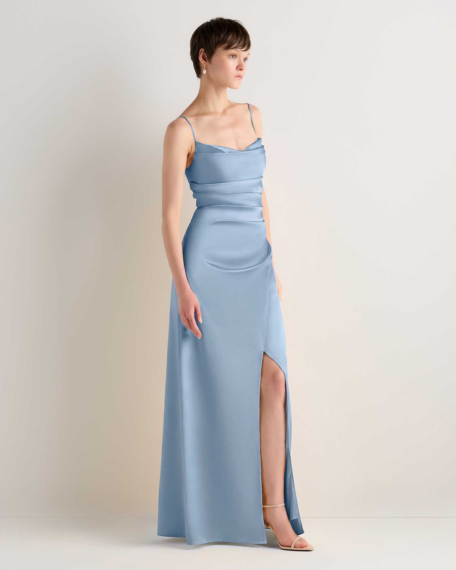 steel blue dress Lisa Maxi Dress, in Luxe Satin, Size: Medium | Show Me Your Mumu supporting a seamed bodice with a v Lady Black Tie - Giselle