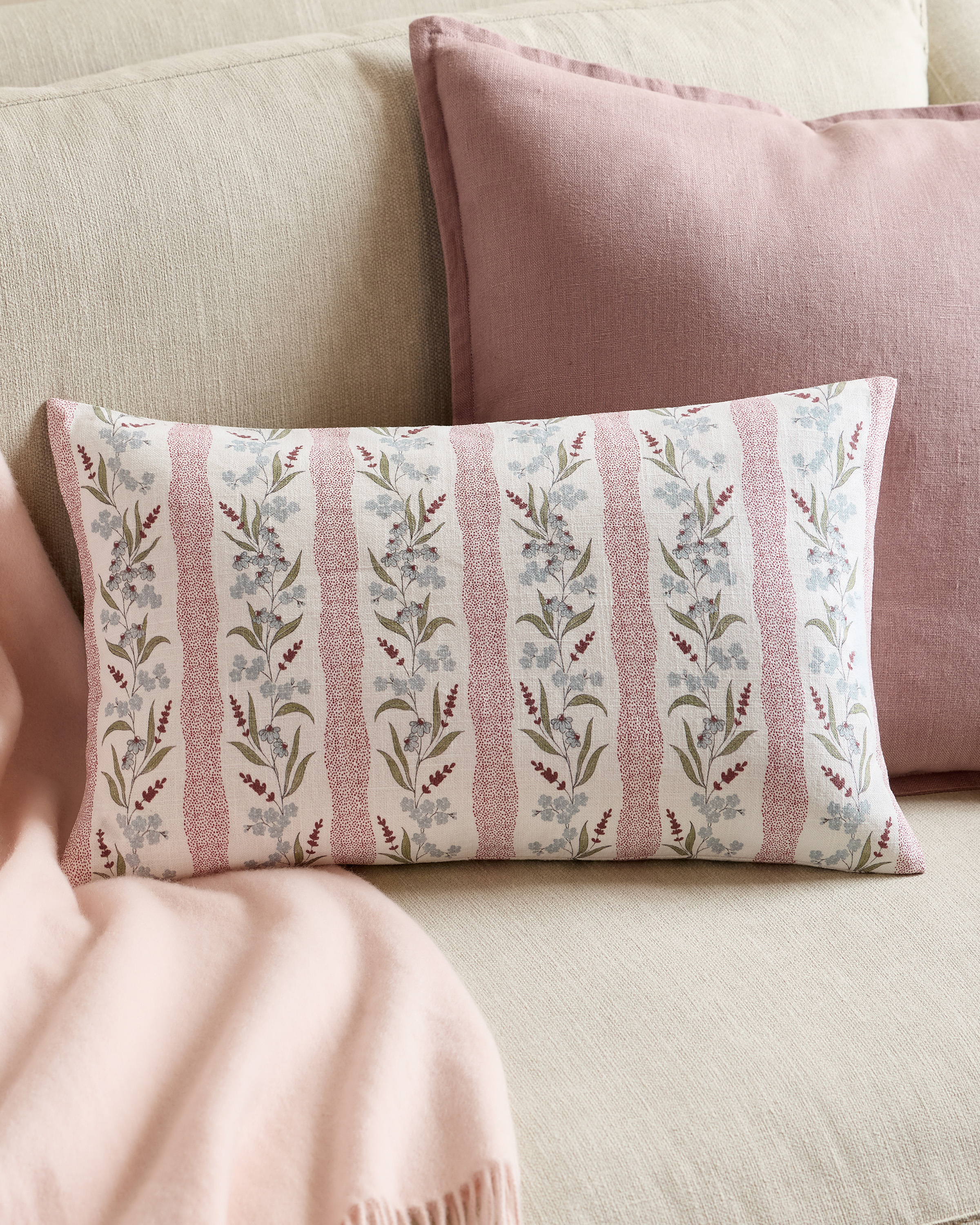 Red Stripe Wildflower Cotton Pillow Cover