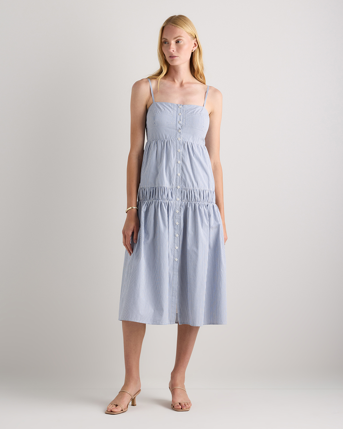 Light Blue Stripe Robe longue en popeline 100 % coton biologique à bretelles spaghetti