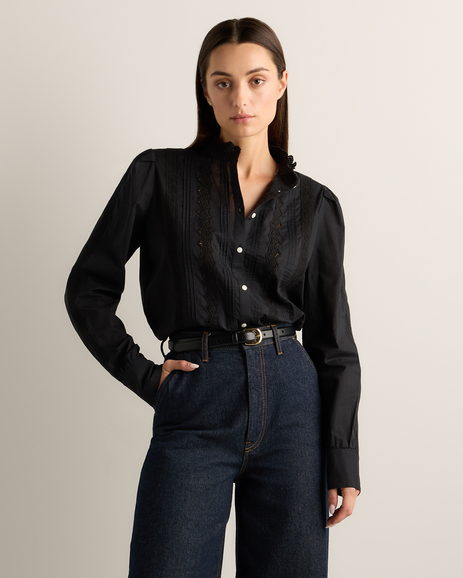 True Black Organic Cotton Voile Lace Detail Blouse