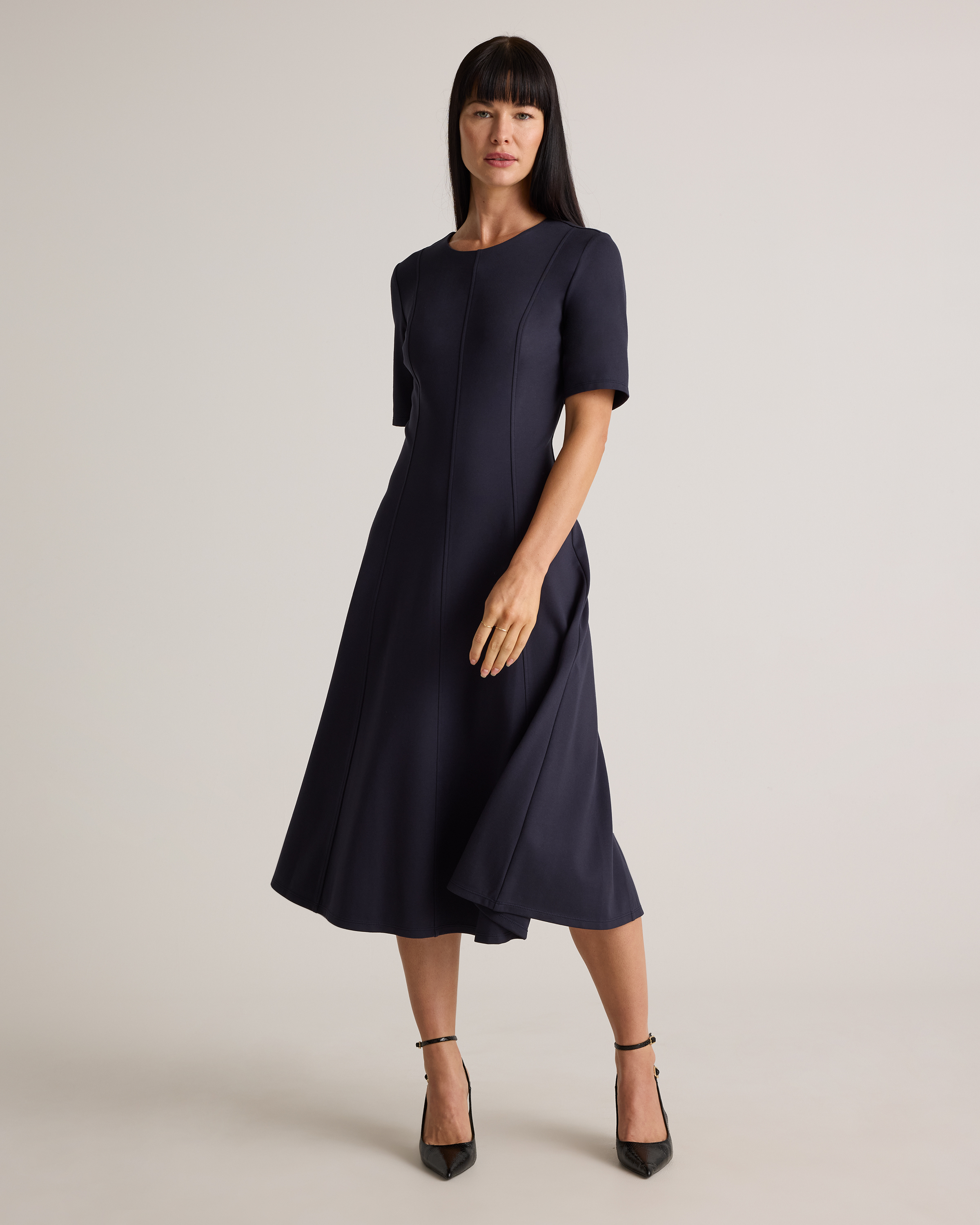 Quince Women's Ultra-Stretch Ponte Short Sleeve Midi Dress, Navy, Size XS, Rayon - Versatile for Office to Evening Wear