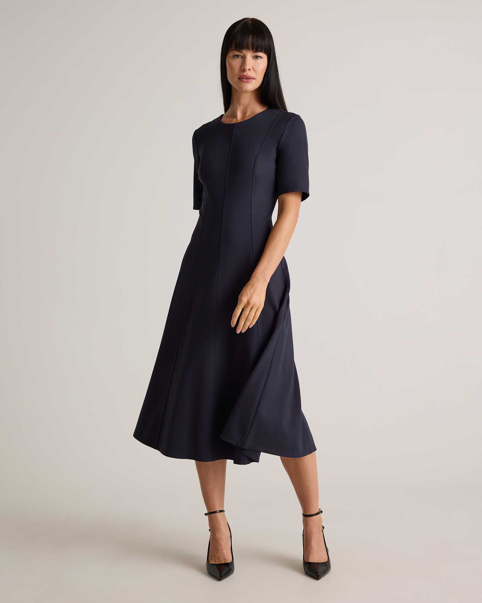 Quince Women's Ultra-Stretch Ponte Short Sleeve Midi Dress, Navy, Size XS, Rayon - Versatile for Office to Evening Wear Quince Women's Ultra-Stretch Ponte Short Sleeve Midi Dress, Navy, Size XS, Rayon - Versatile for Office to Evening Wear