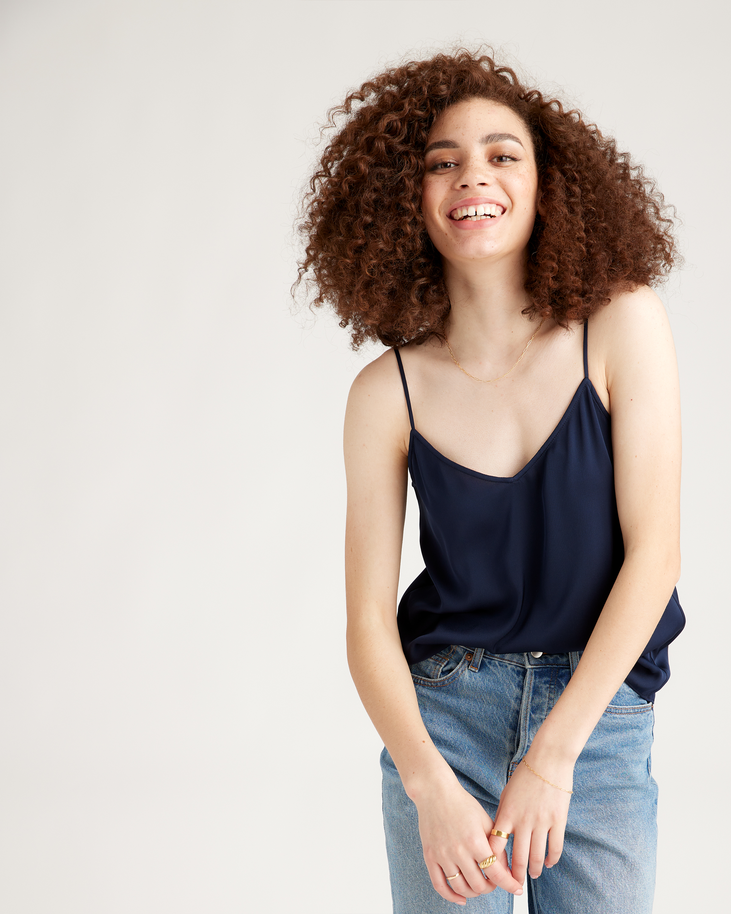 Washable Stretch Silk V-Neck Cami in Navy