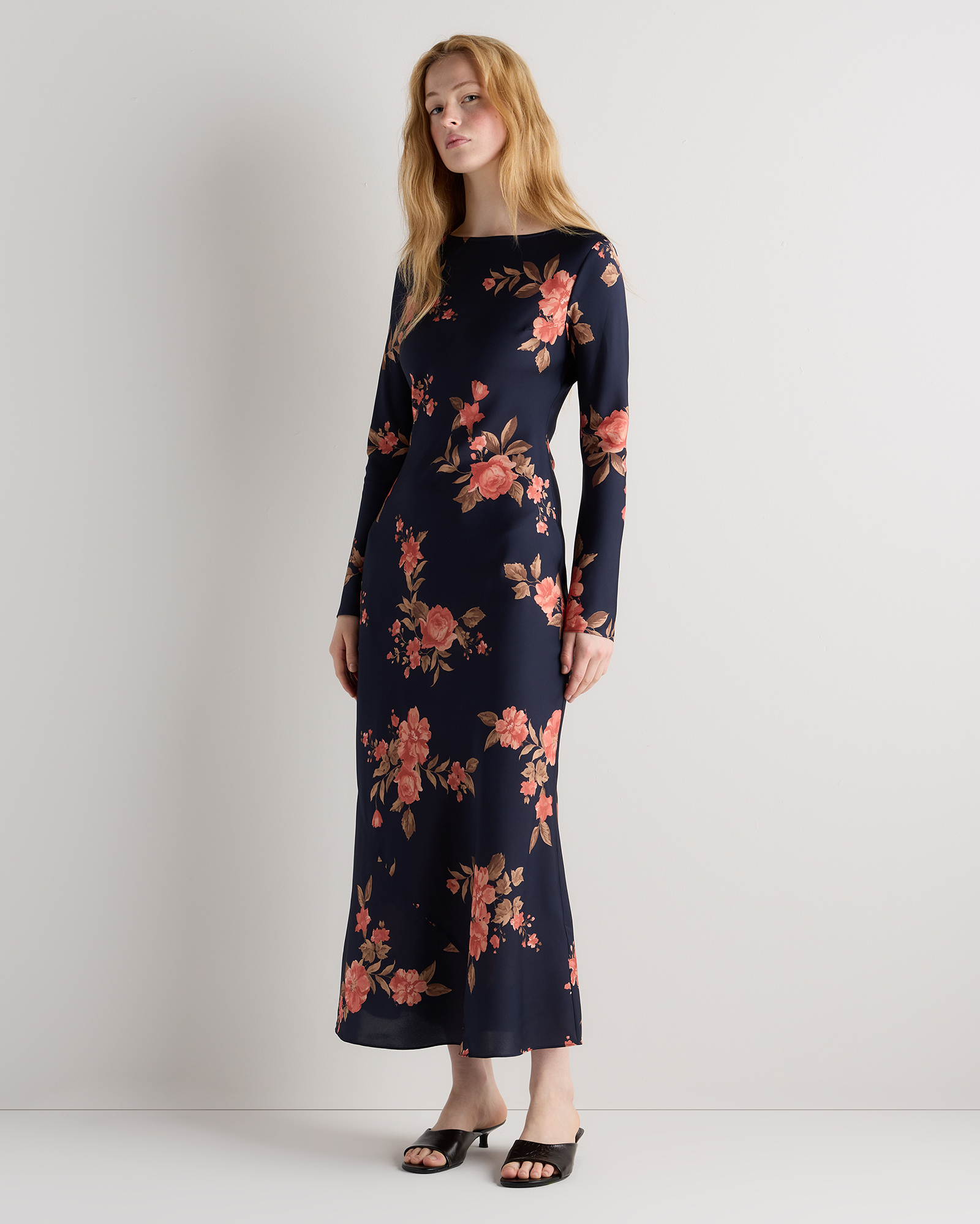 Vintage Navy Roses Washable Stretch Silk Long Sleeve Maxi Dress