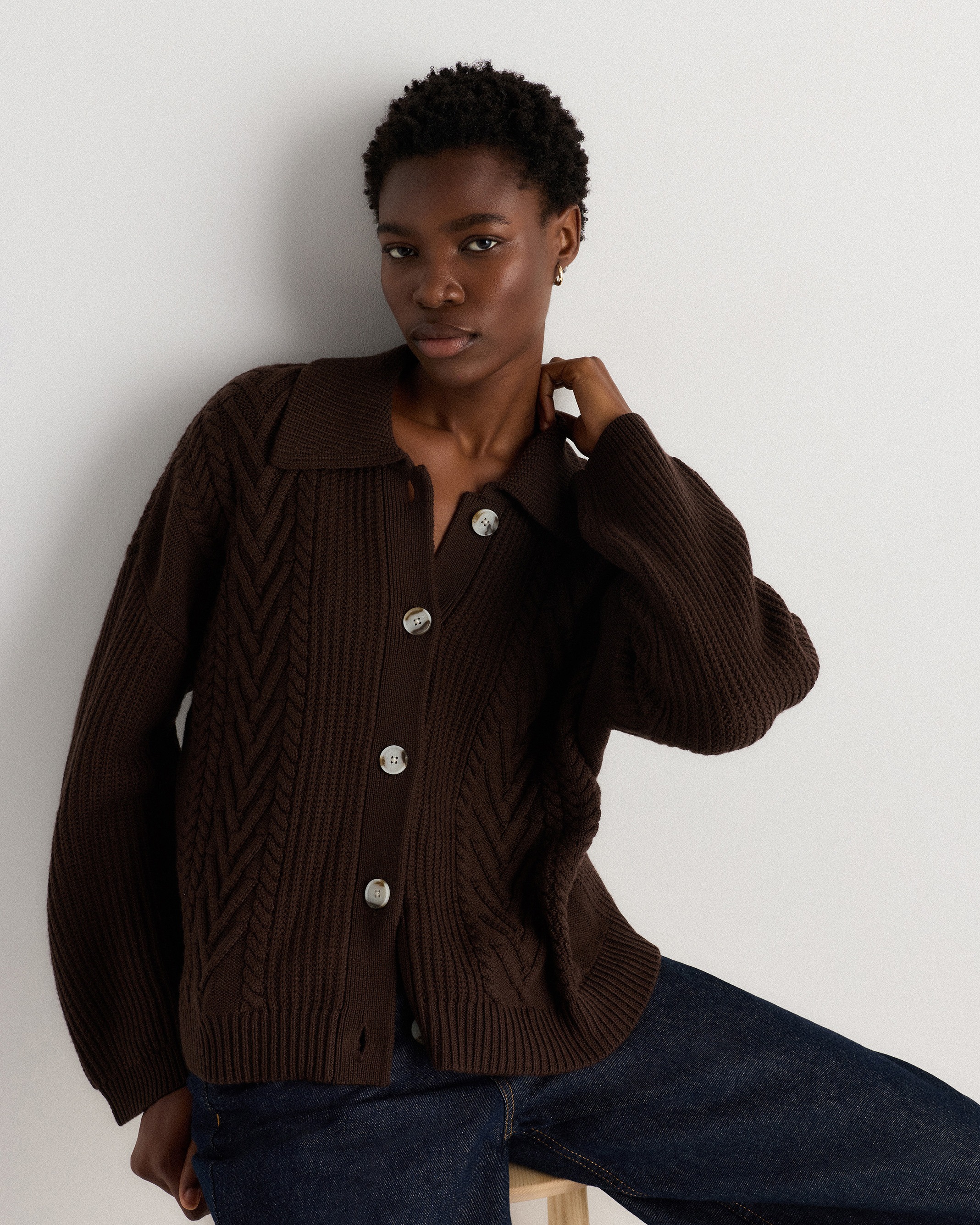Australian Merino Wool Collared Cable Cardigan