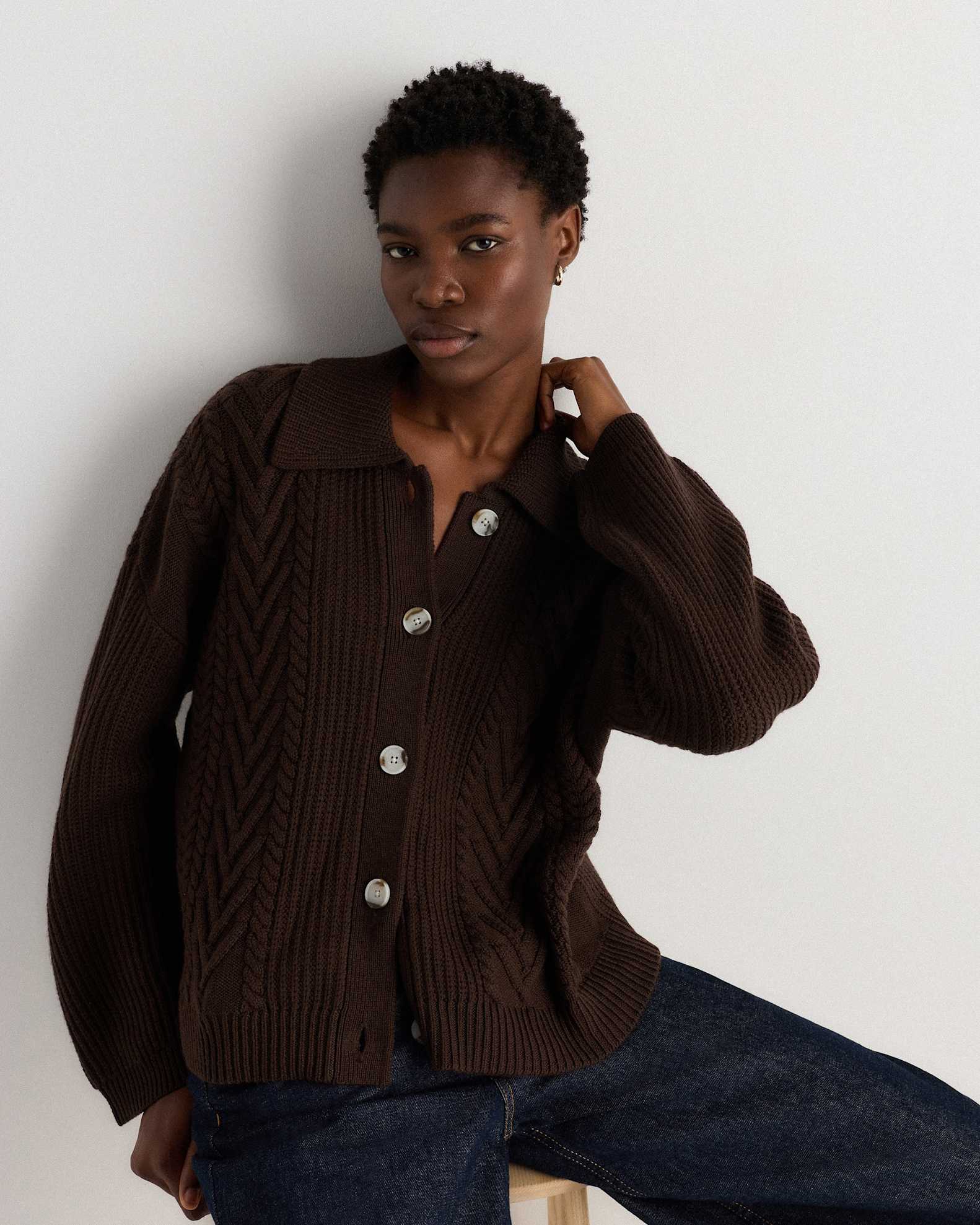 Australian Merino Wool Collared Cable Cardigan - Main Image