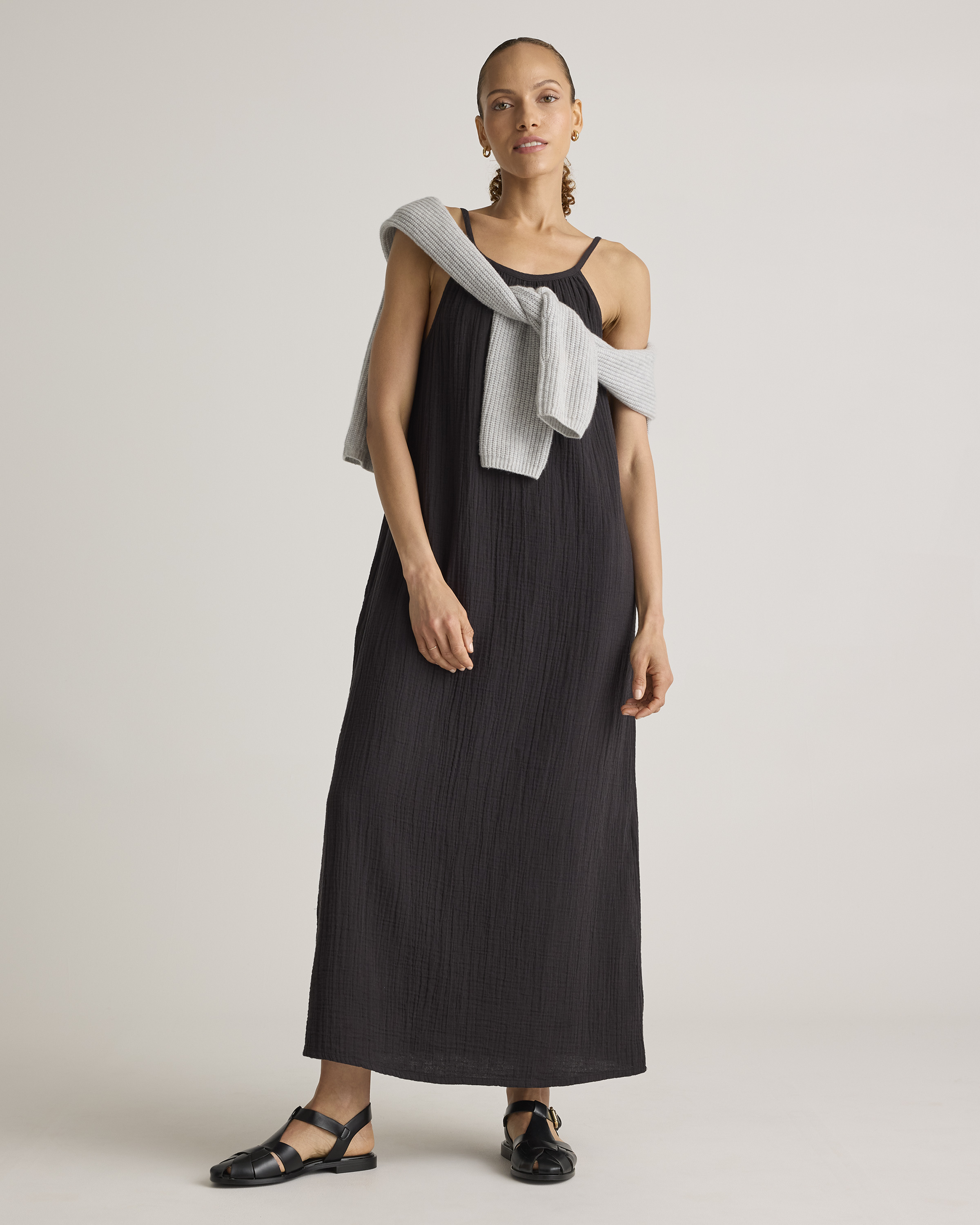 100% Organic Cotton Gauze Sleeveless Maxi Dress in Black