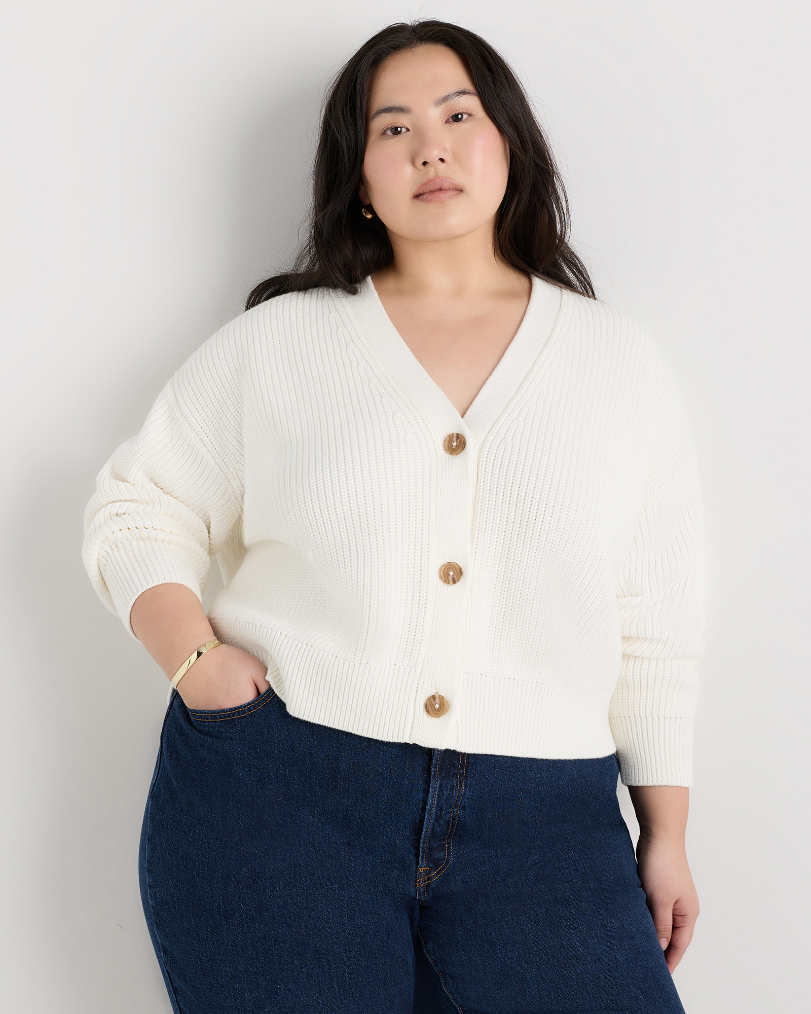 Ivory 100% Organic Cotton Fisherman Boxy Cropped Cardigan