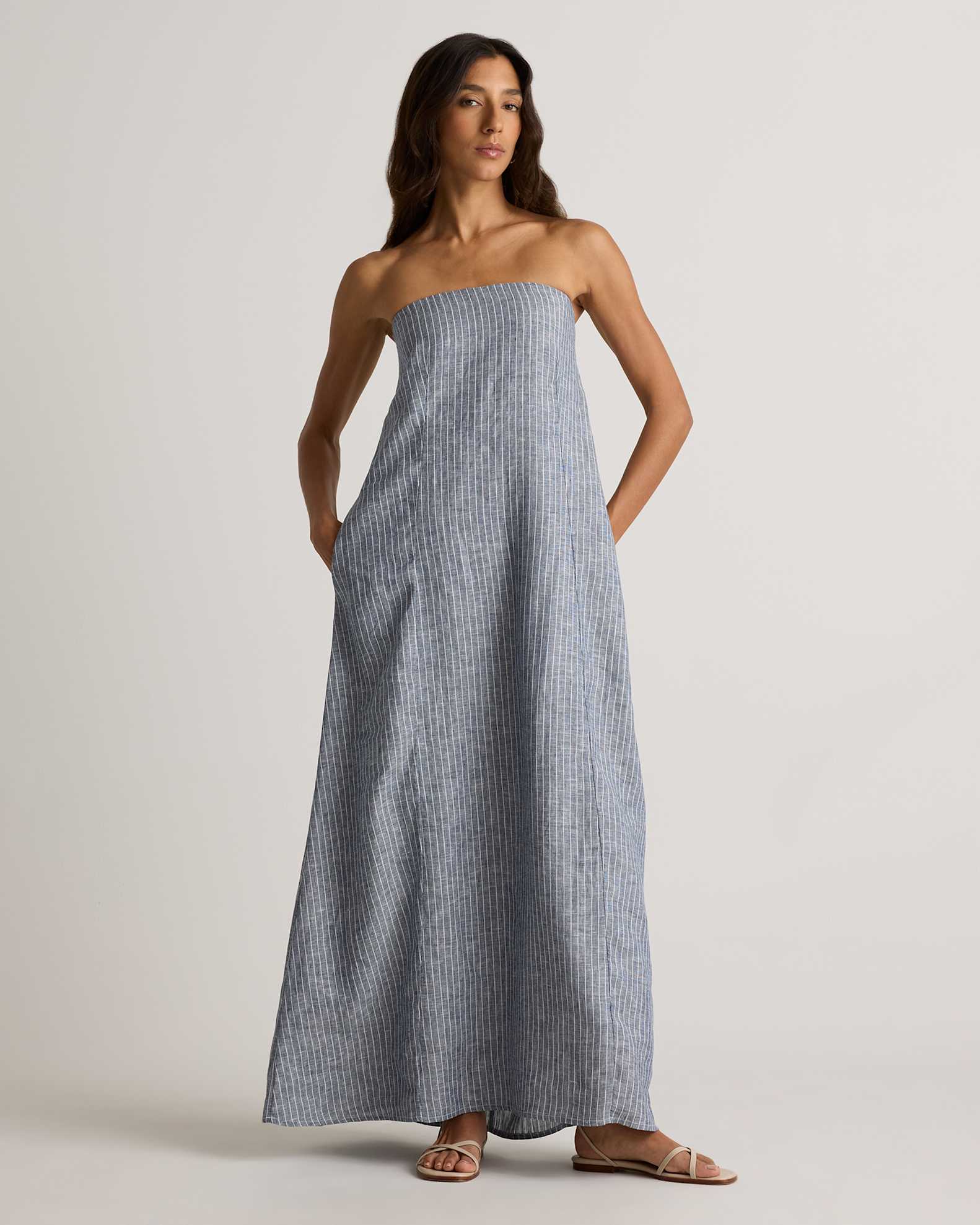 100% European Linen Strapless Maxi Dress in Chambray Stripe 100% European Linen Strapless Maxi Dress in Chambray Stripe