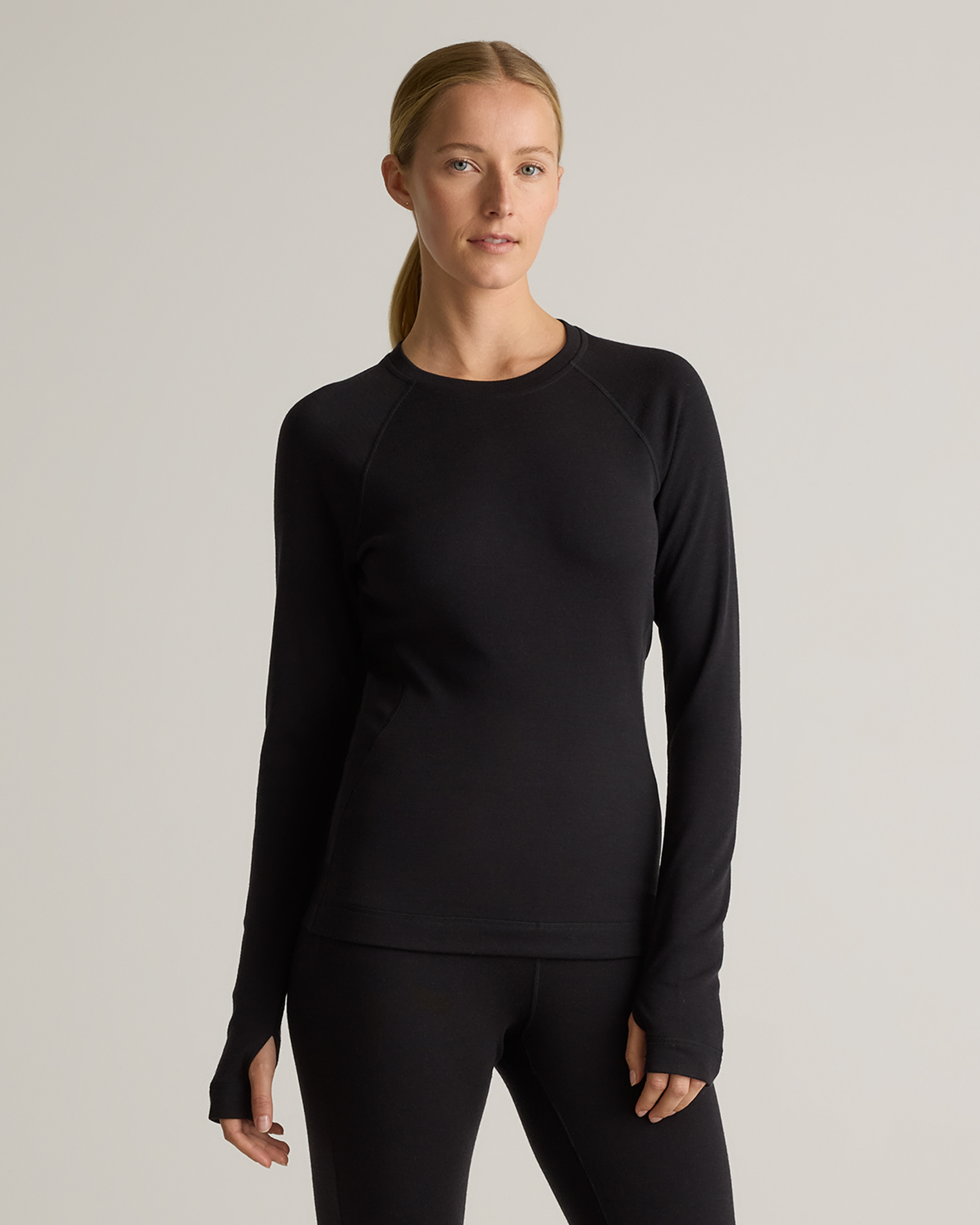 Black 100% Merino Wool Cold Weather Base Layer Crew