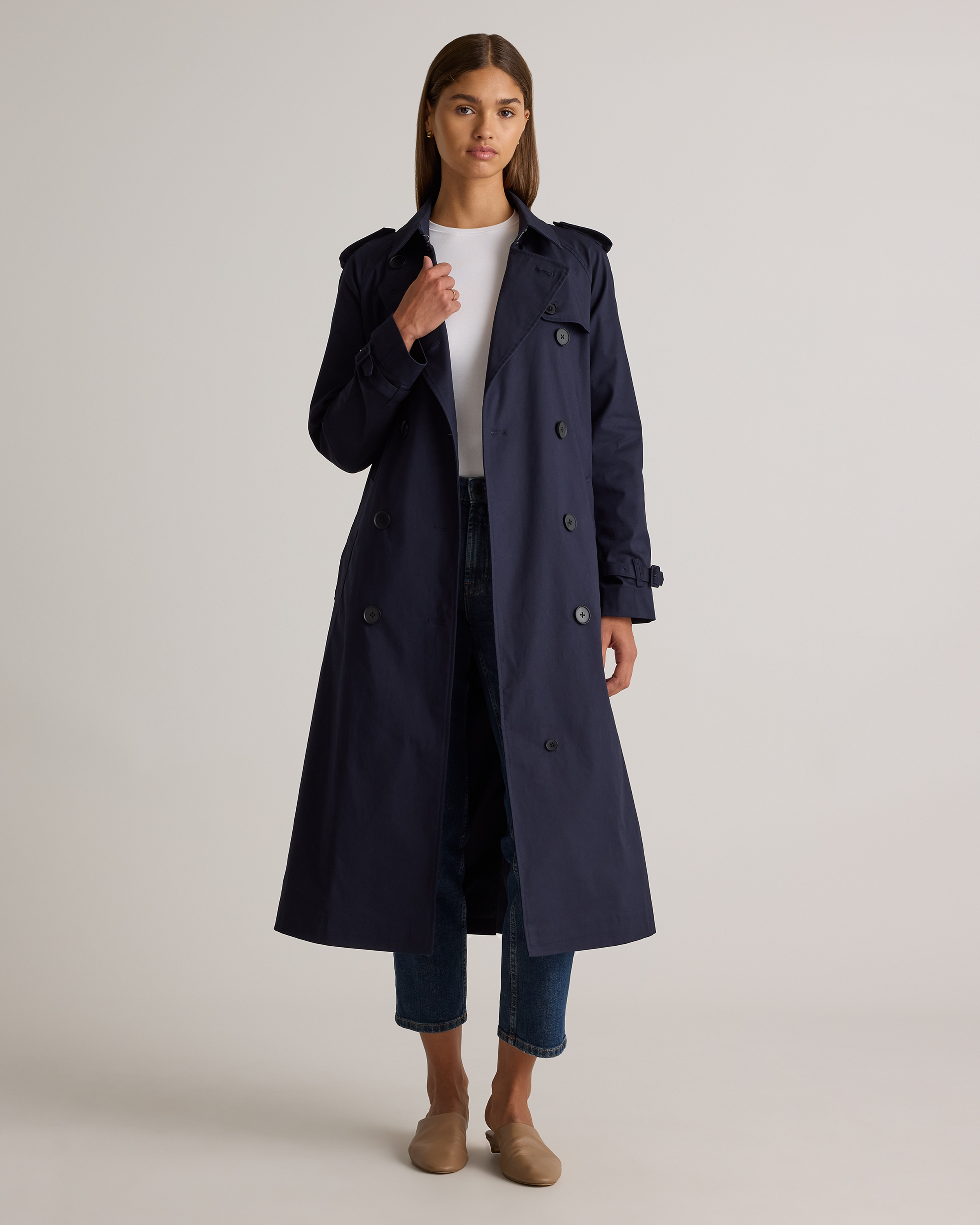 Comfort Stretch Long Trench Coat in Navy
