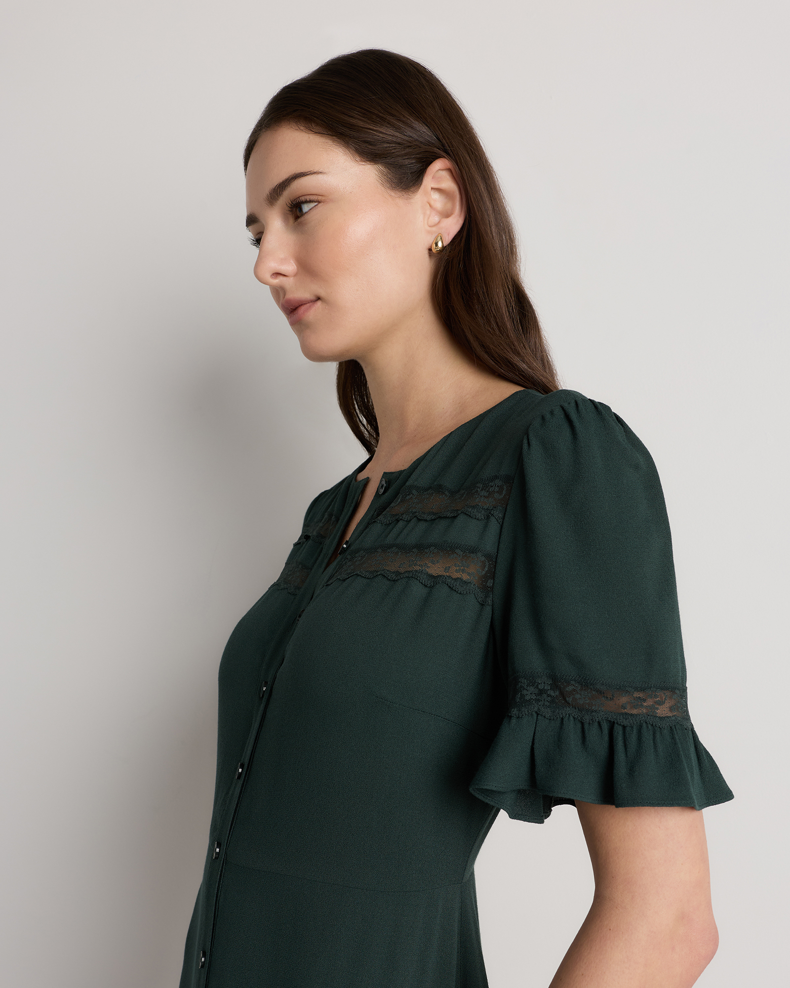 Women's Lightweight Crepe Lace Inset Midi Dress in Forest Green, Size Small, Viscose by Quince