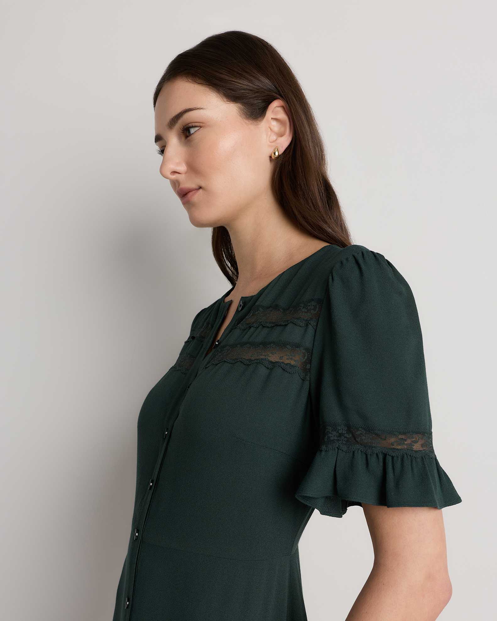 Women's Lightweight Crepe Lace Inset Midi Dress in Forest Green, Size Small, Viscose by Quince Women's Lightweight Crepe Lace Inset Midi Dress in Forest Green, Size Small, Viscose by Quince