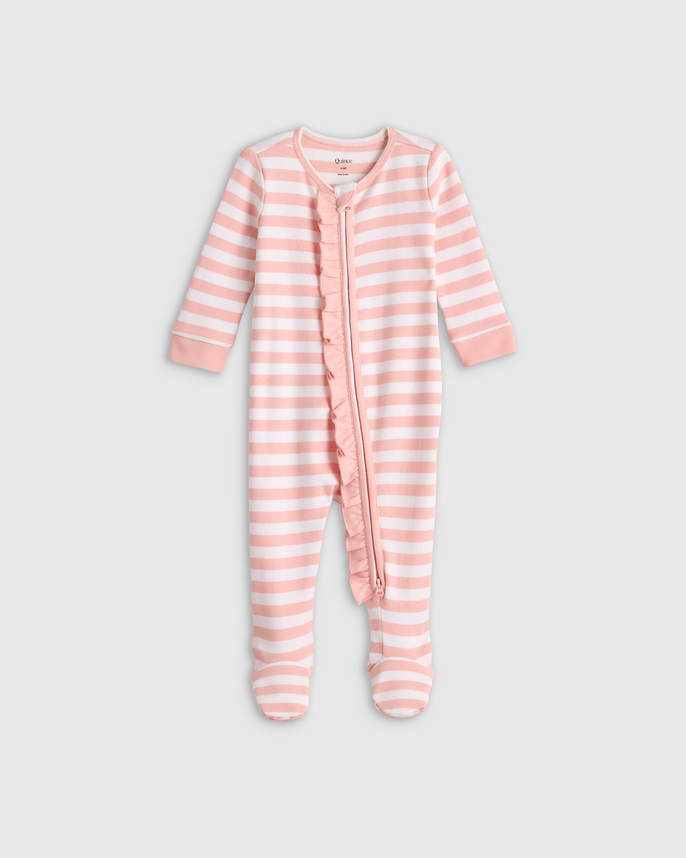 Quince Ruffle Footie In Pink Stripe