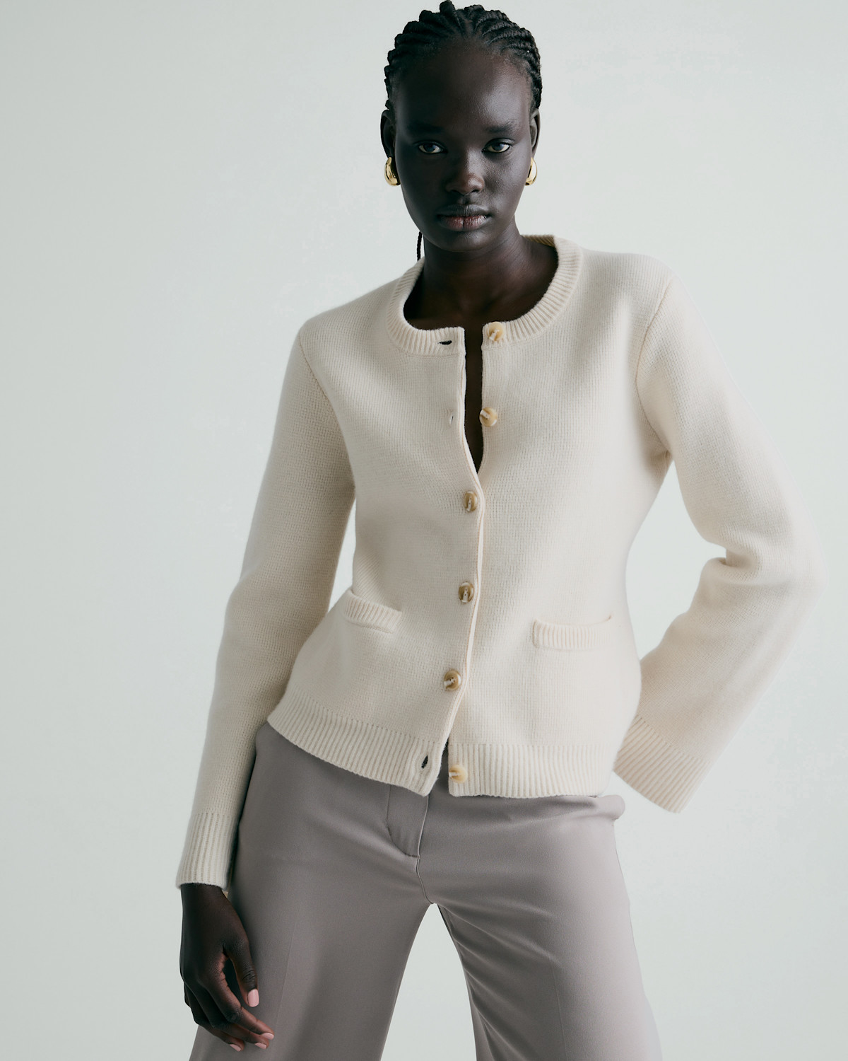 Mongolian Cashmere Structured Cardigan in Ivory