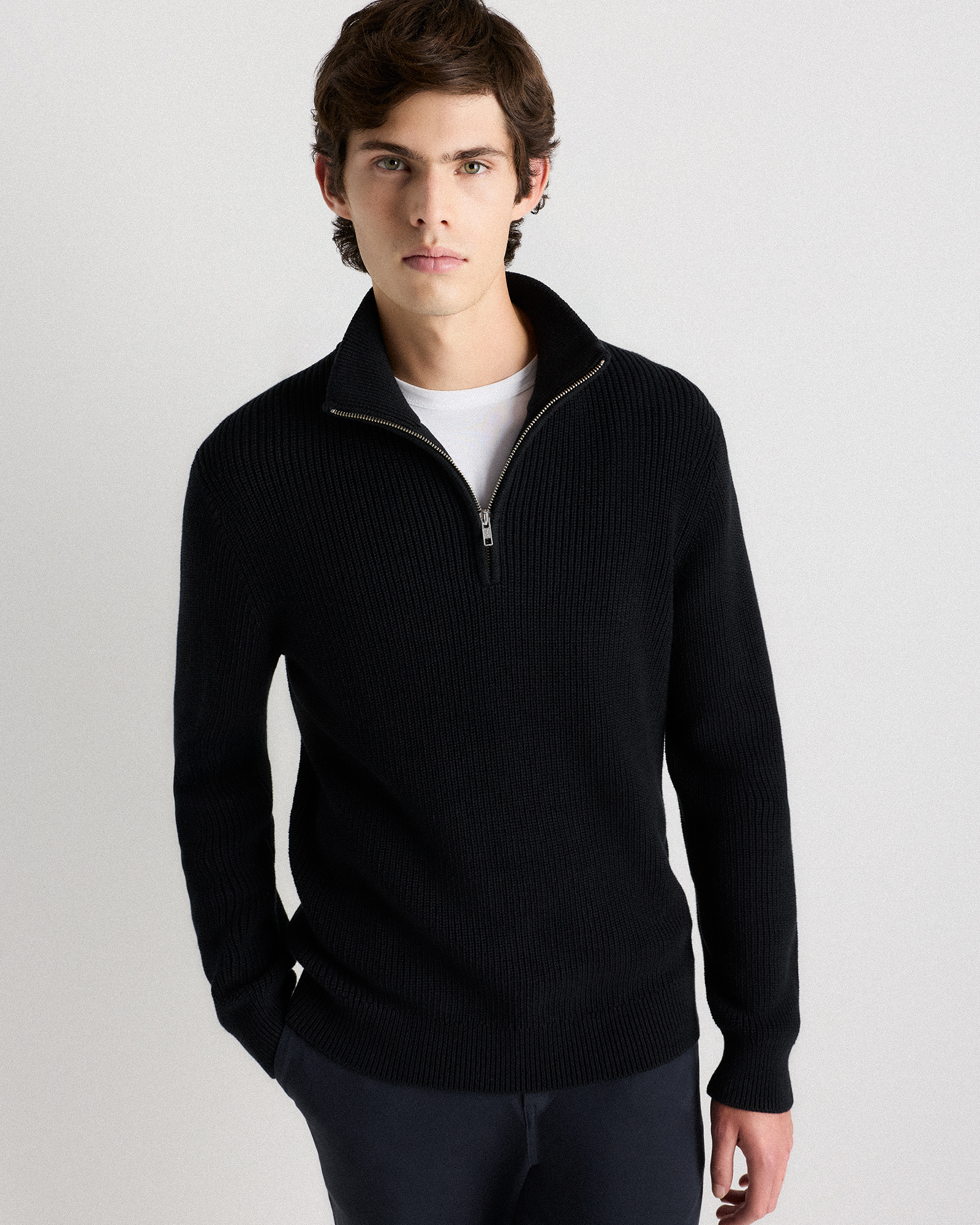 Black 100% Organic Cotton Ribbed Quarter-Zip Sweater