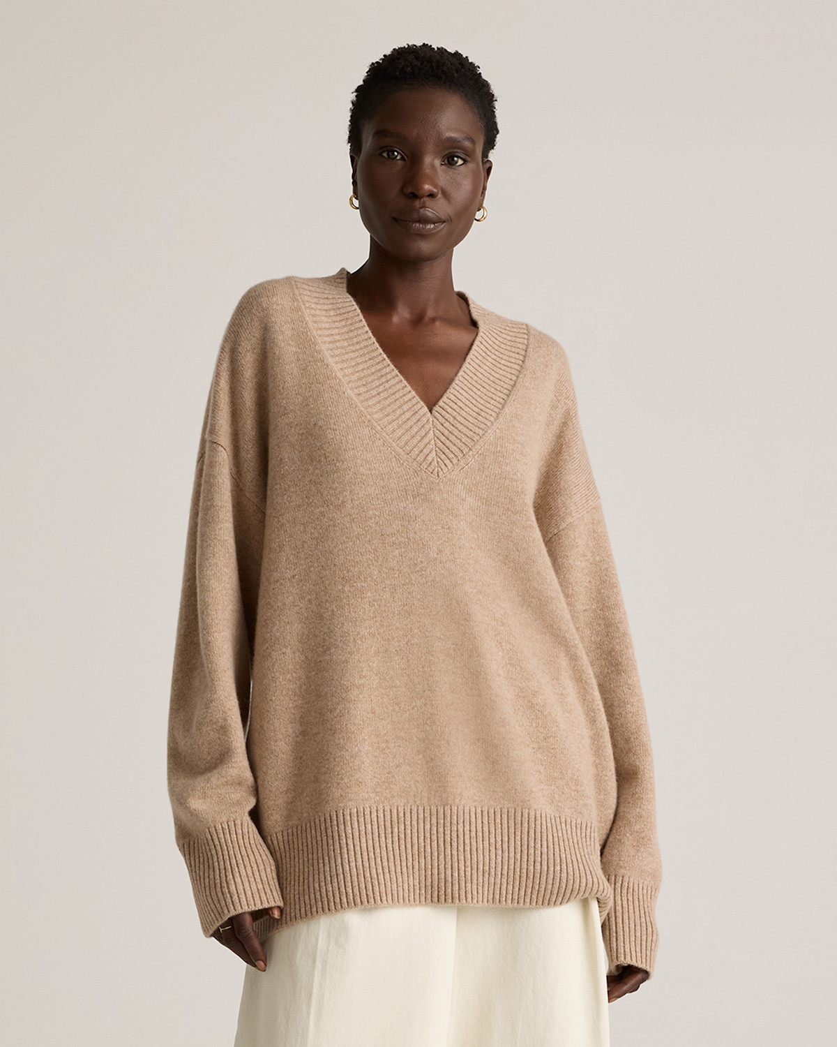 Quince Mongolian Cashmere Oversized V-Neck Sweater in Oatmeal