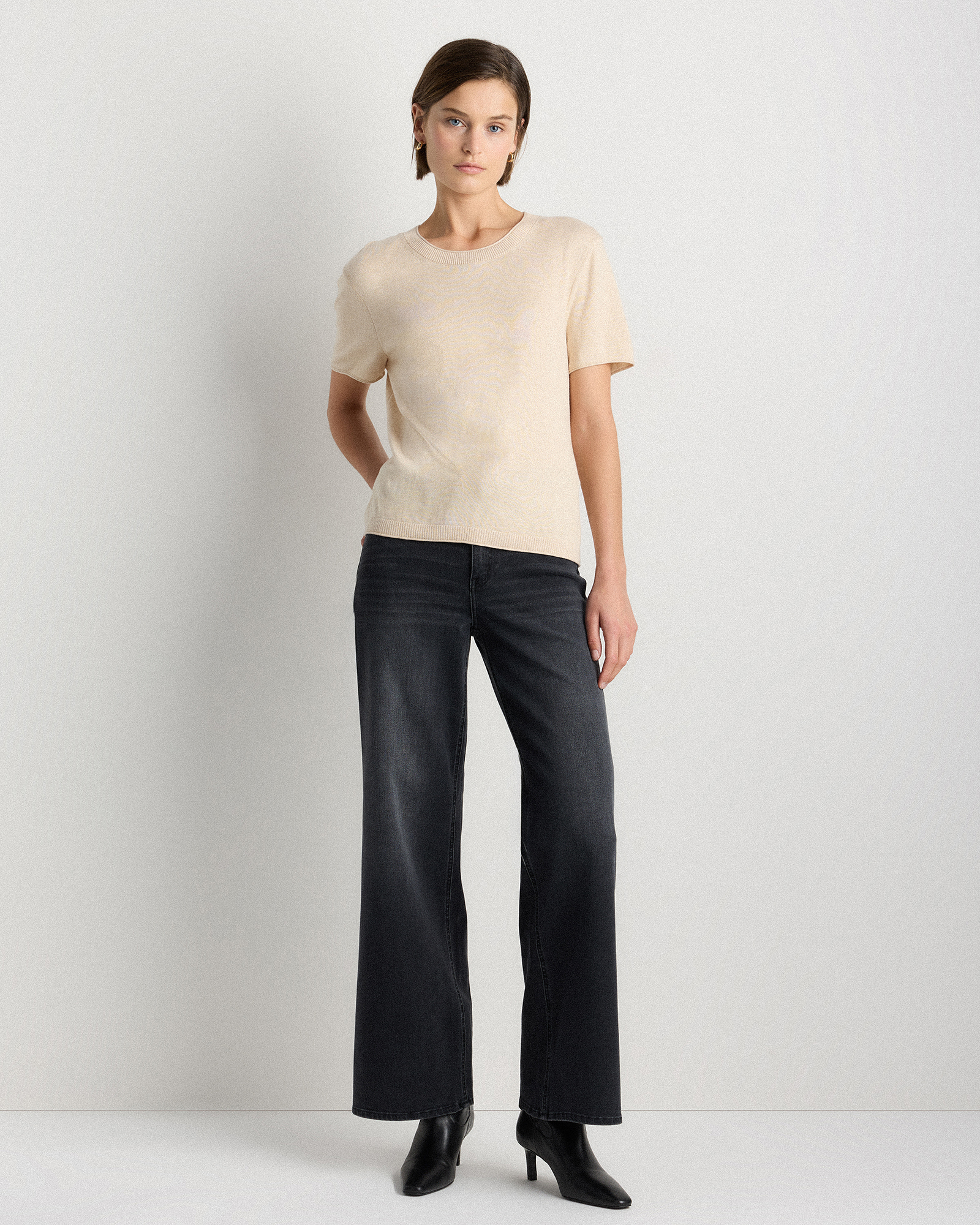 Lightweight Cotton Cashmere Relaxed Sweater Tee in Heather Oatmeal