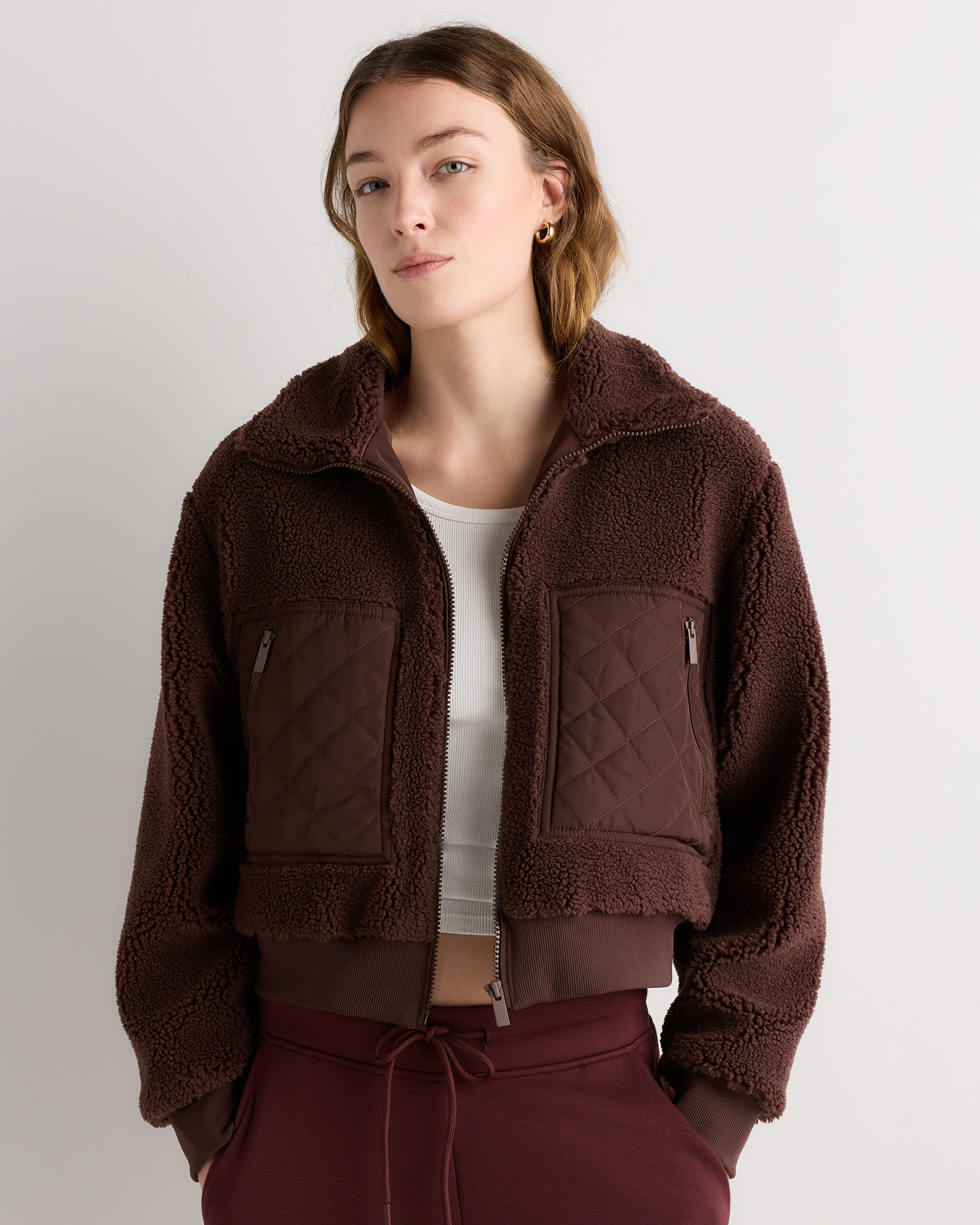 Sherpa Cropped Bomber Jacket in Hickory Brown