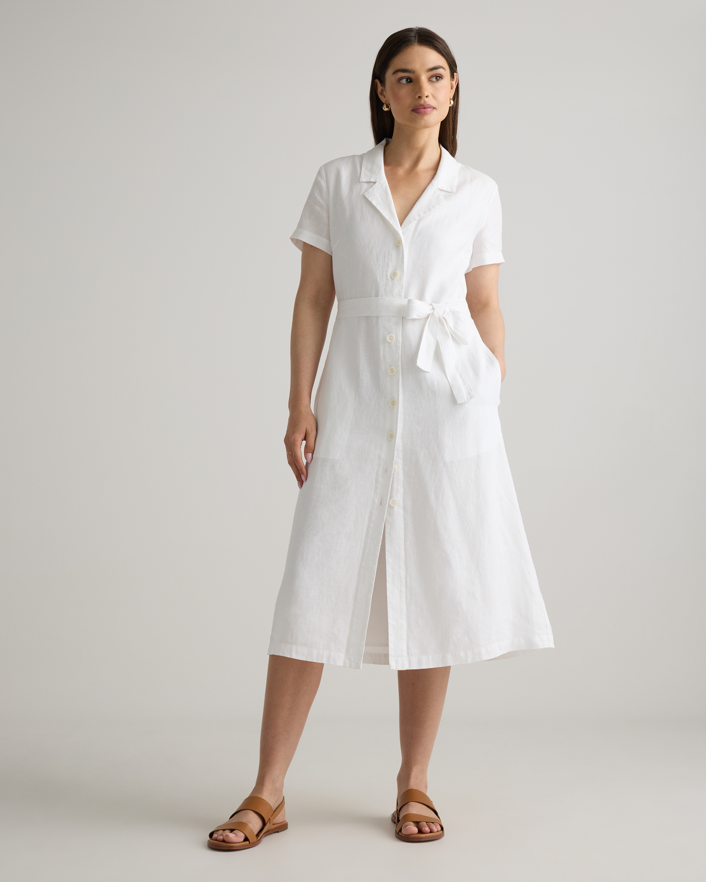 White 100% European Linen Button Front Dress