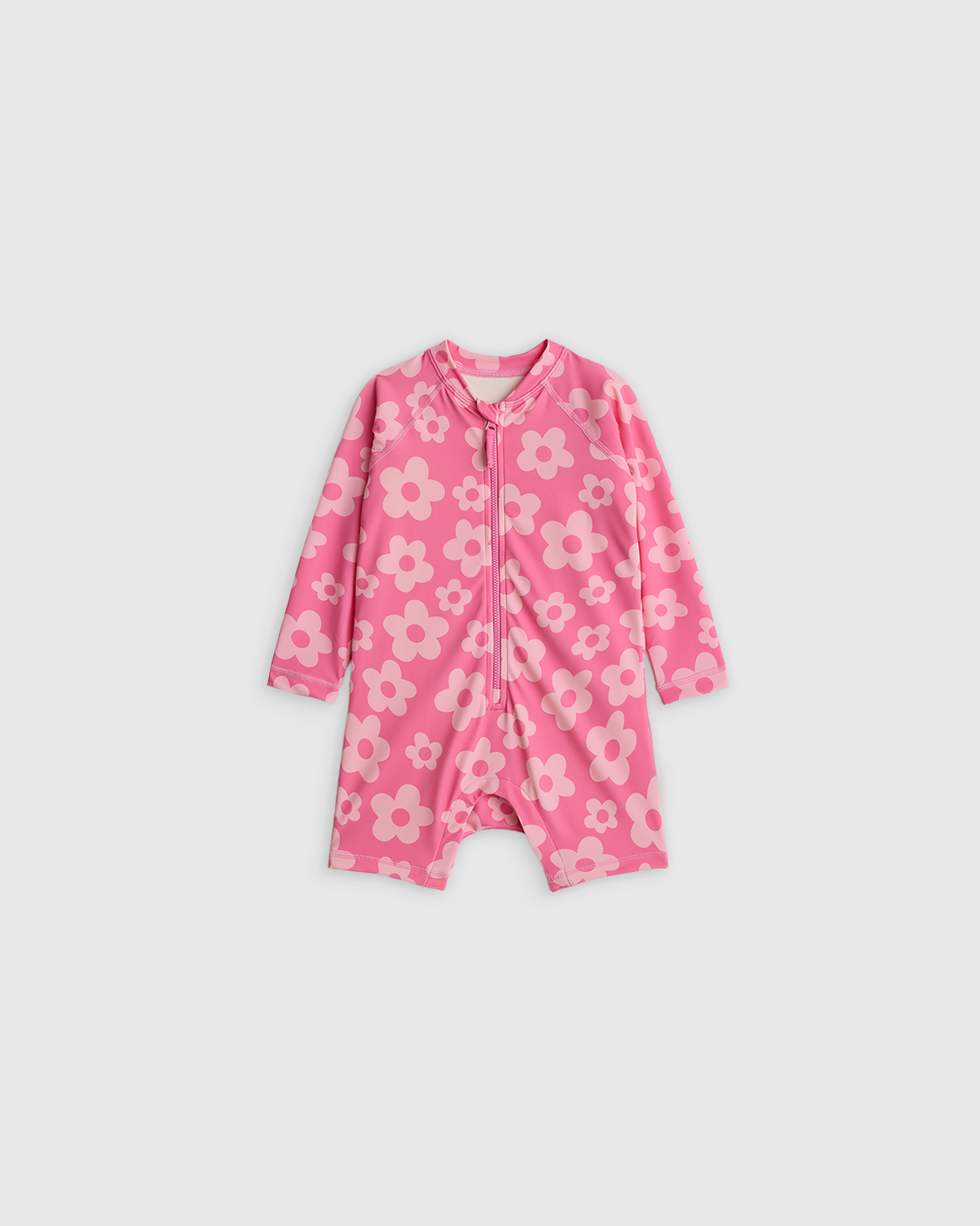 Pink Daisy Long Sleeve Zip-Up Rash Guard One-Piece