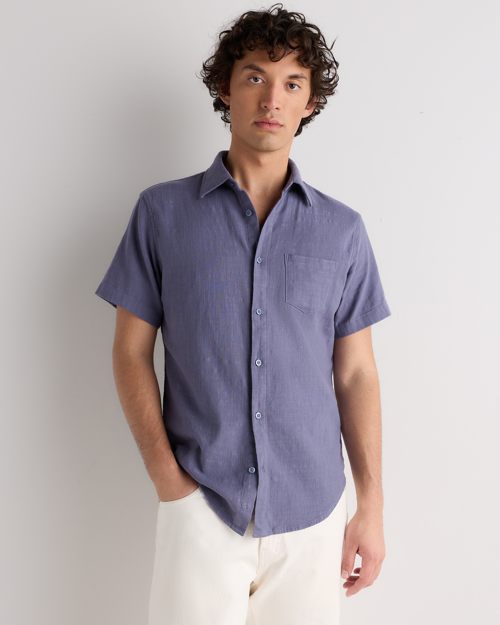 Faded Indigo Organic Cotton Stretch Selvage Short Sleeve Shirt