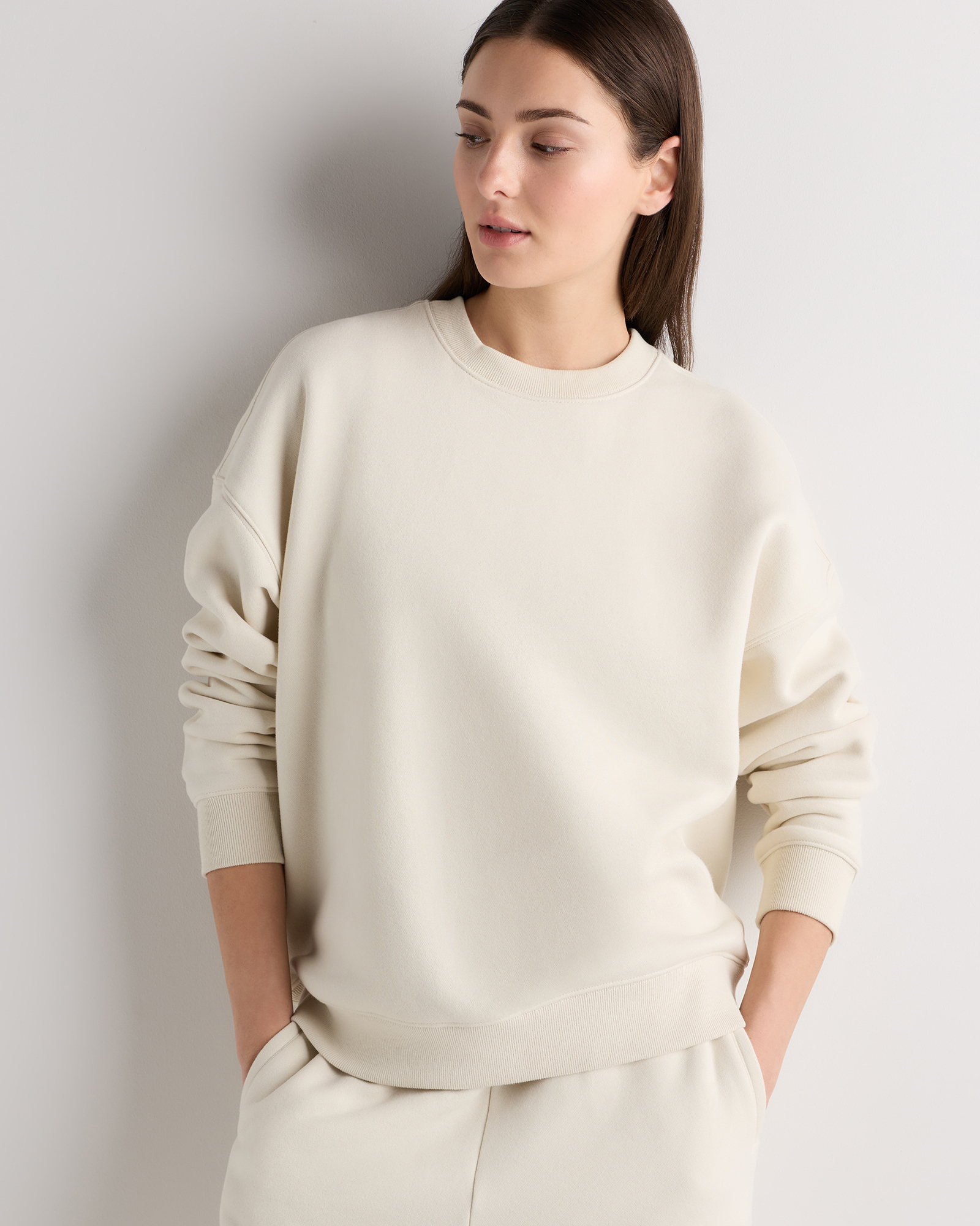 Linen White Pull de tous les jours en molleton à col rond