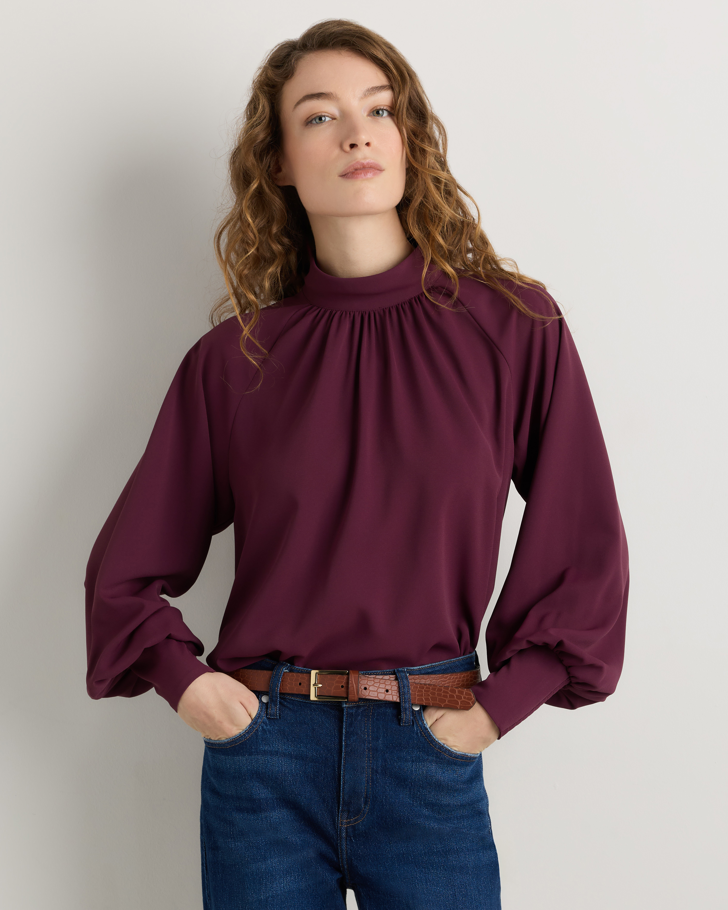 Barolo Burgundy Drapey Chiffon Mock Neck Long Sleeve Blouse