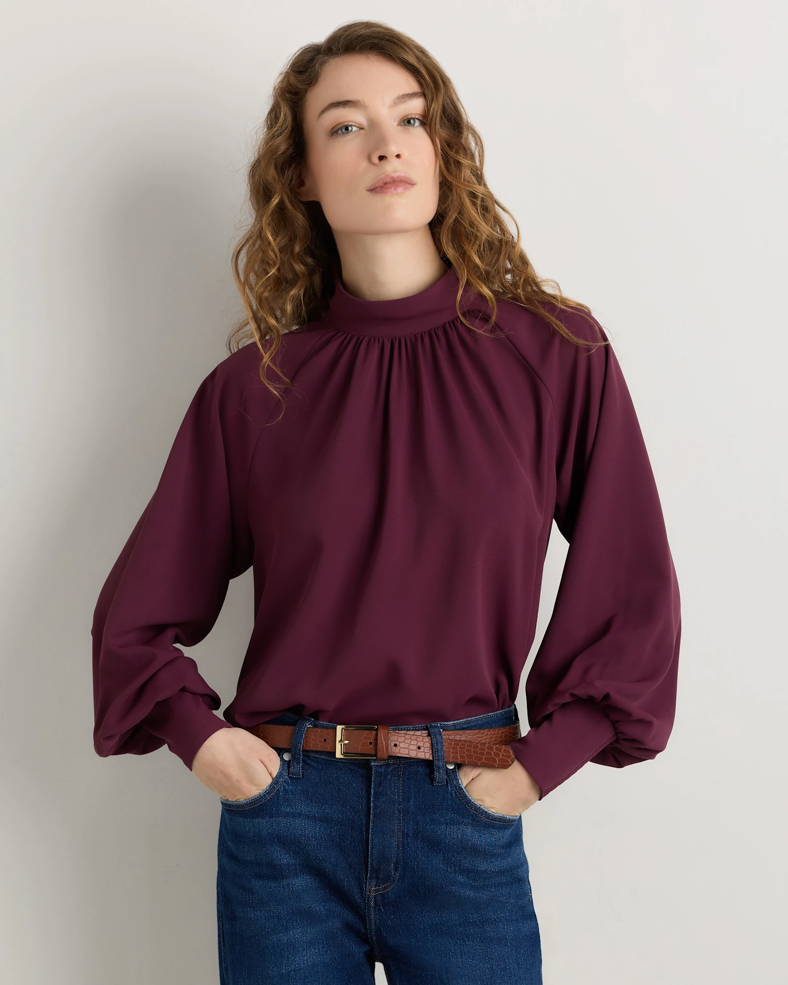 Drapey Chiffon Mock Neck Long Sleeve Blouse