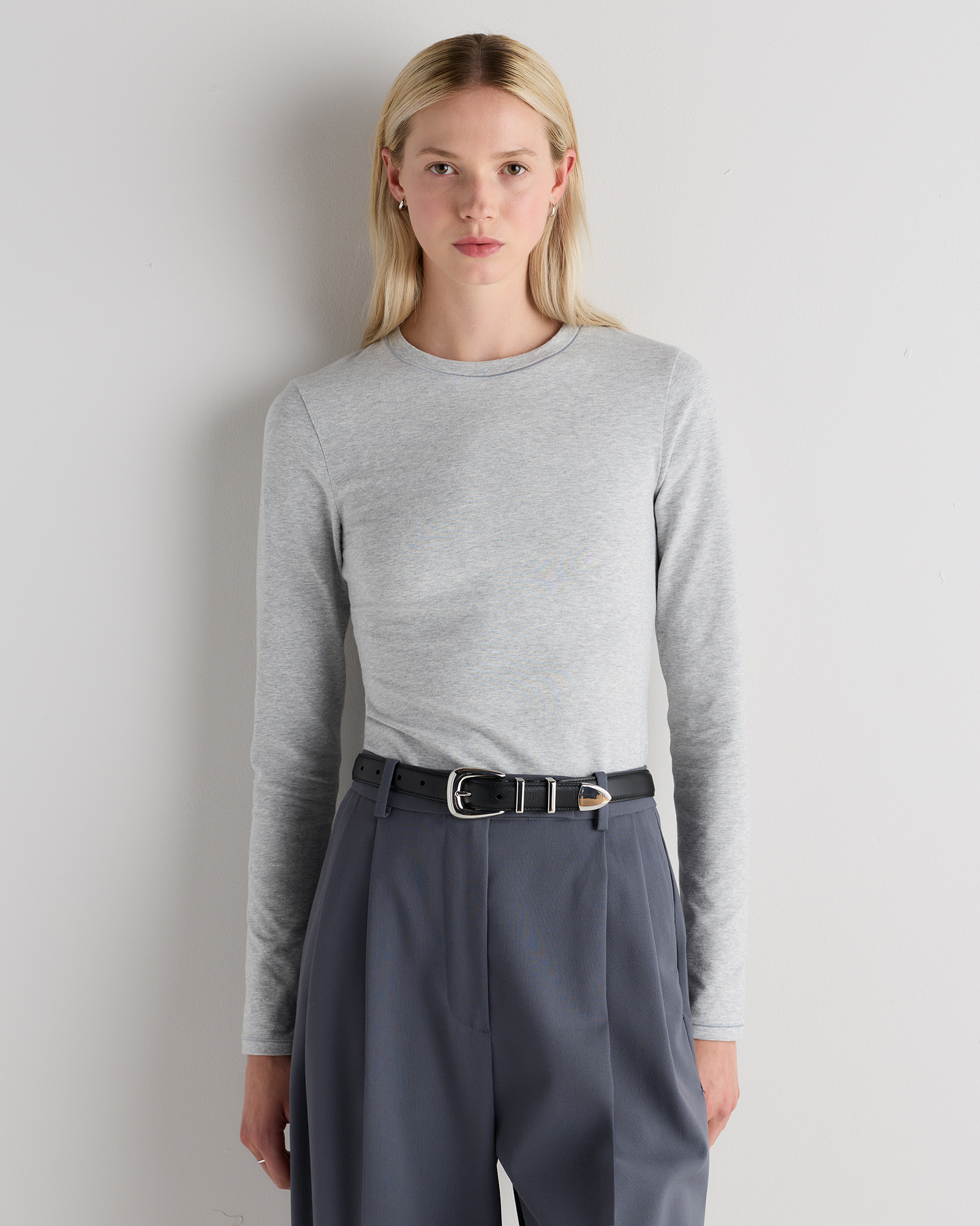 Heather Grey Stretch Cotton Jersey Fitted Long Sleeve T-Shirt