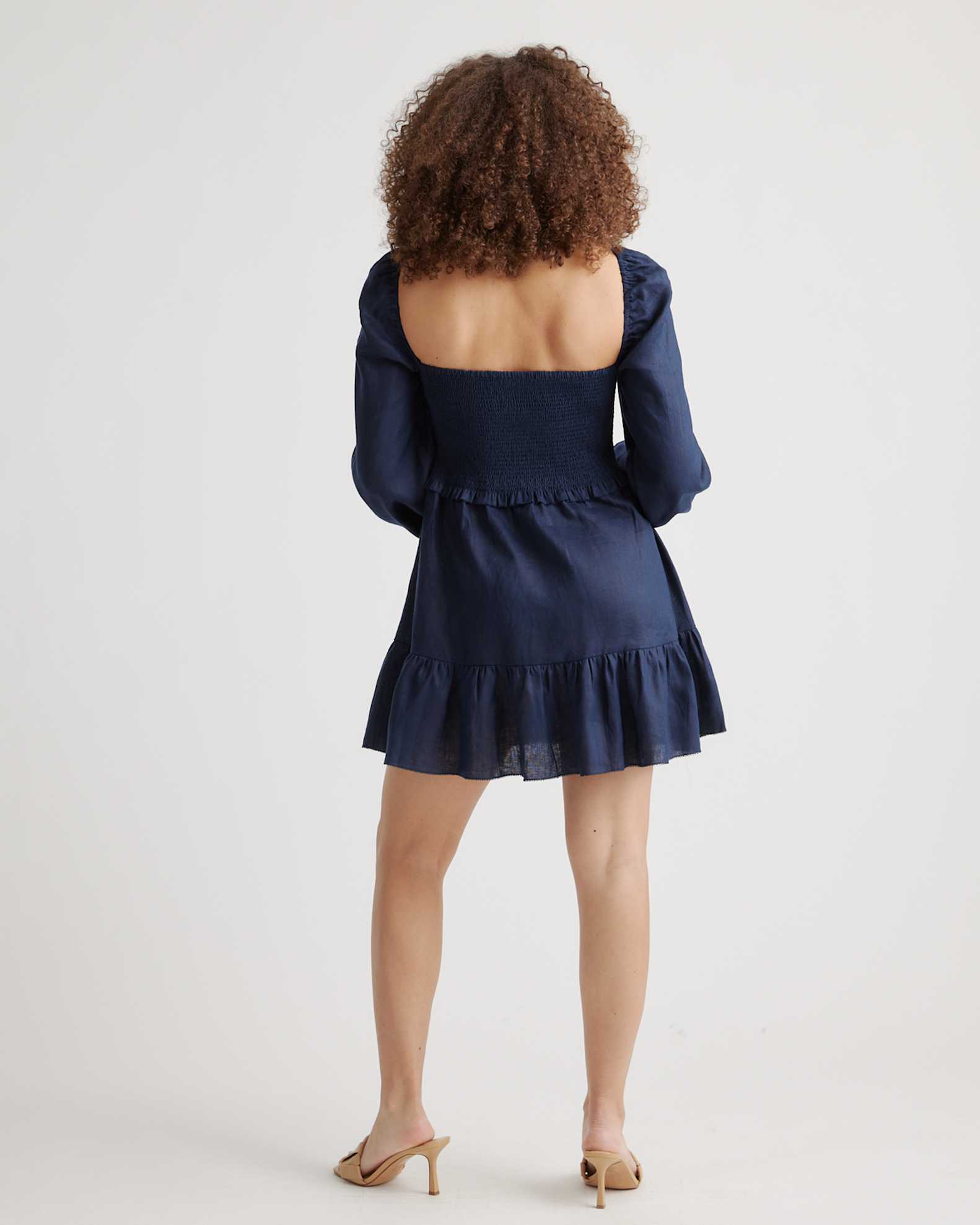 100% European Linen Smocked Mini Dress in Deep Navy 100% European Linen Smocked Mini Dress in Deep Navy