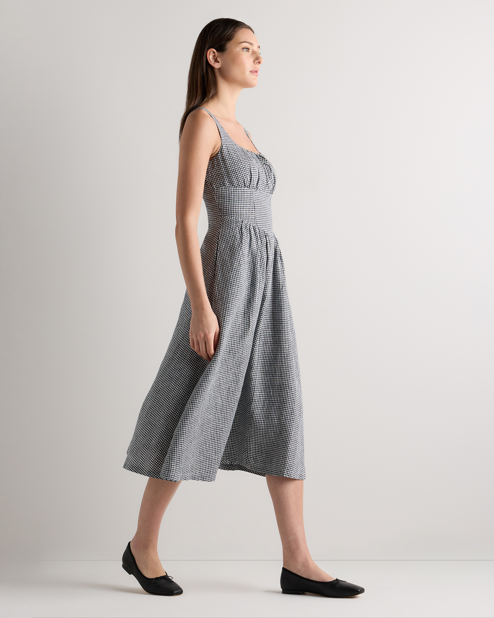 100% European Linen Corset Midi Dress in Classic Mini Gingham