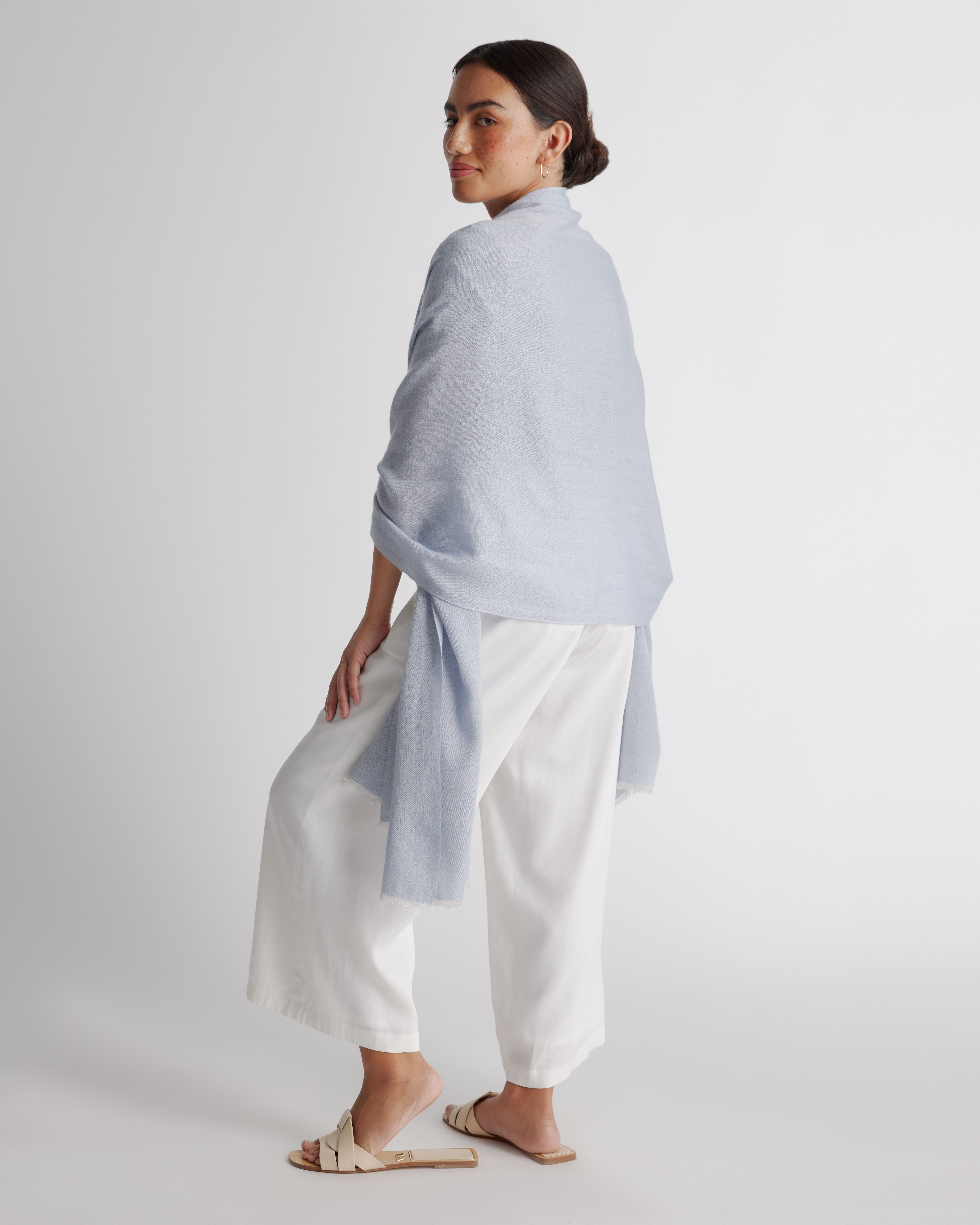 Featherweight Cashmere Silk Frayed Edge Scarf in Light Blue