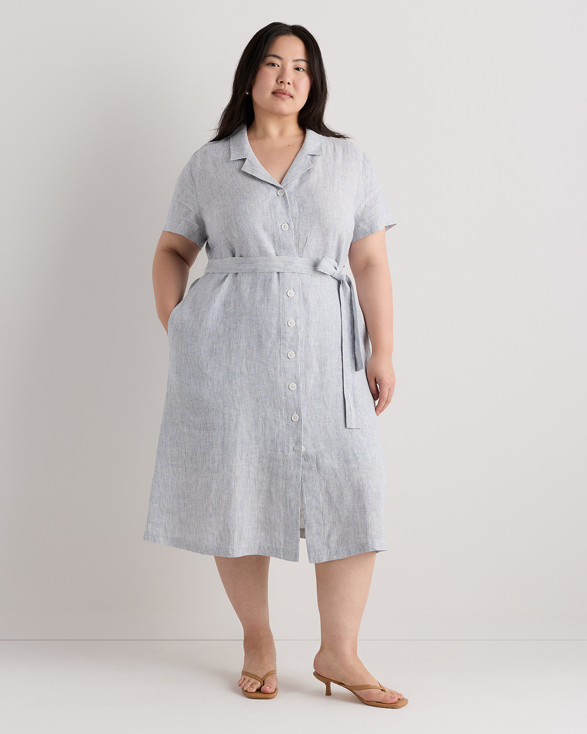 Blue Pinstripe 100% European Linen Button Front Dress