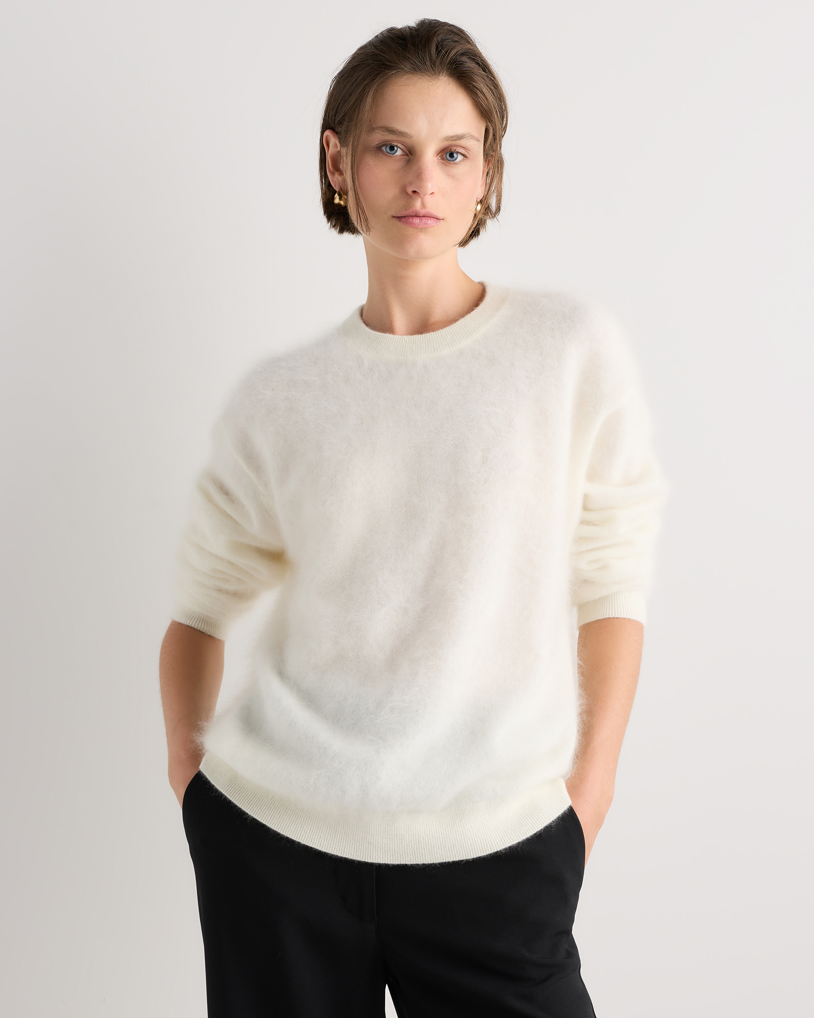 Ivory Brushed Cashmere Relaxed Crewneck Sweater