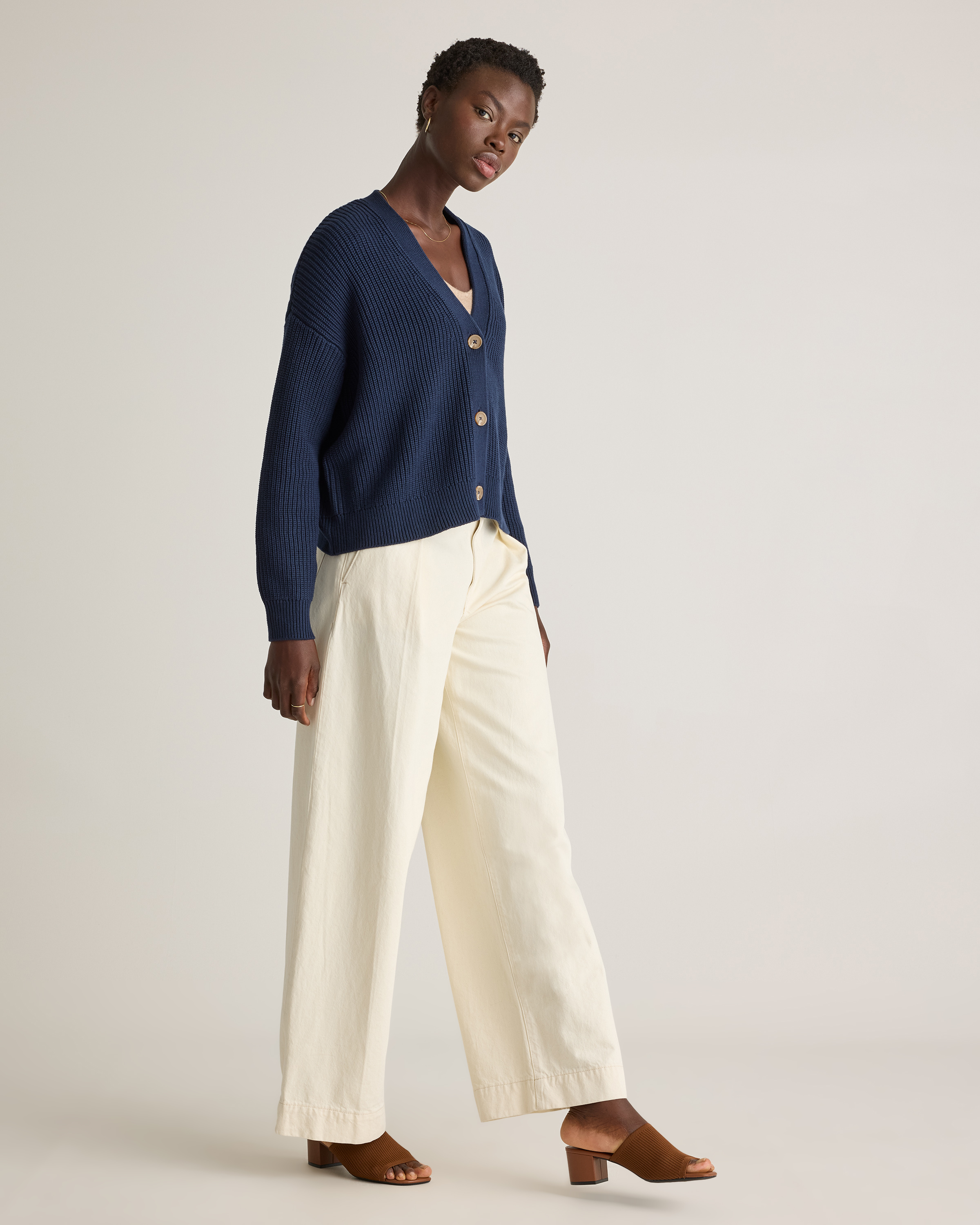 100% Organic Cotton Fisherman Boxy Cropped Cardigan in Navy