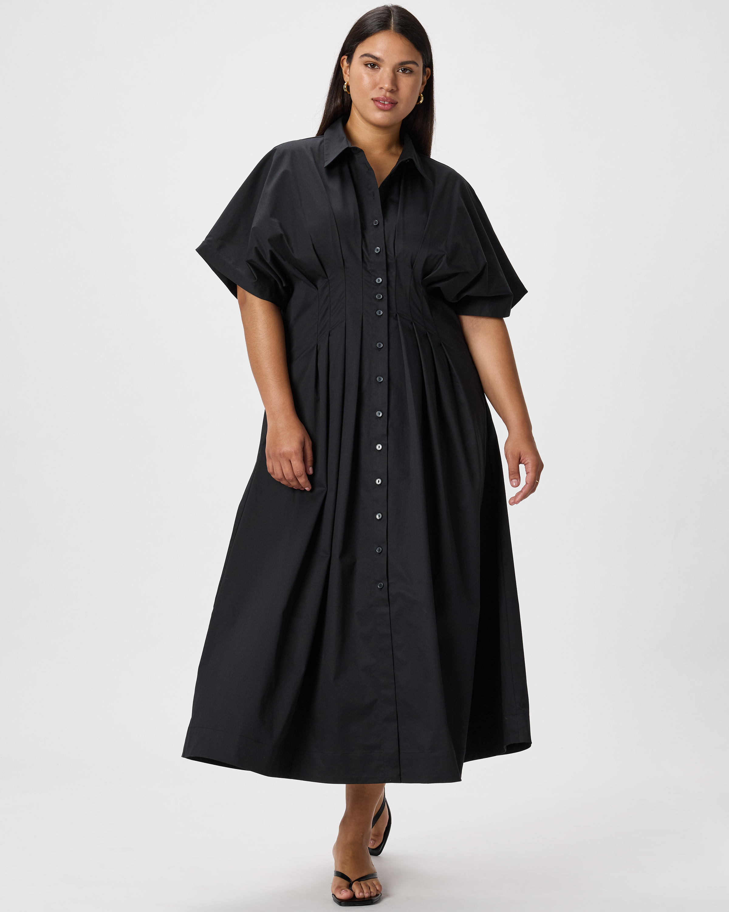 black pleated shirt dress Women's Stretch Twill Pleated Midi Shirt Dress in True Black