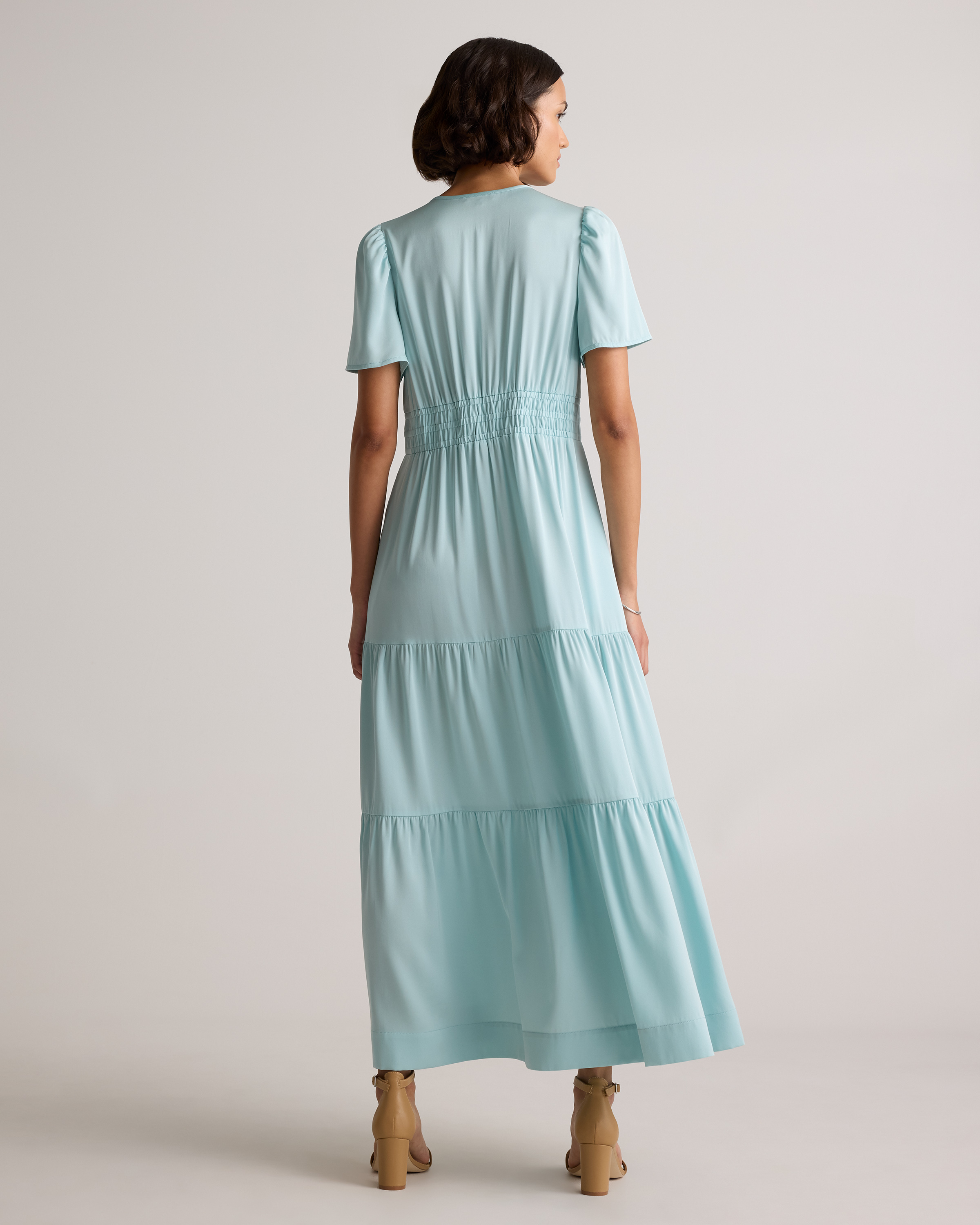 Washable Stretch Silk Tiered Maxi Dress in Aqua Pearl